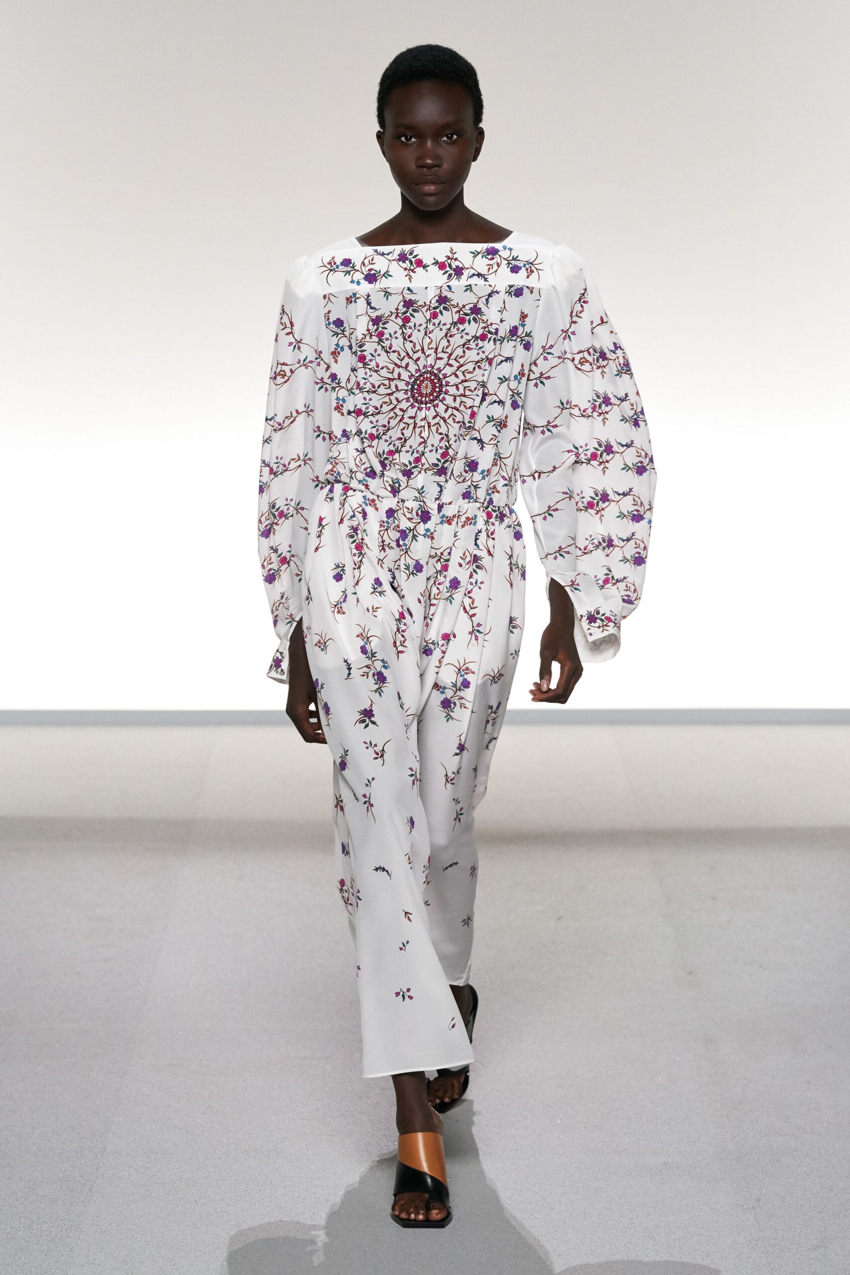 white cotton long-sleeve collared relaxed embroidered flared jumpsuit