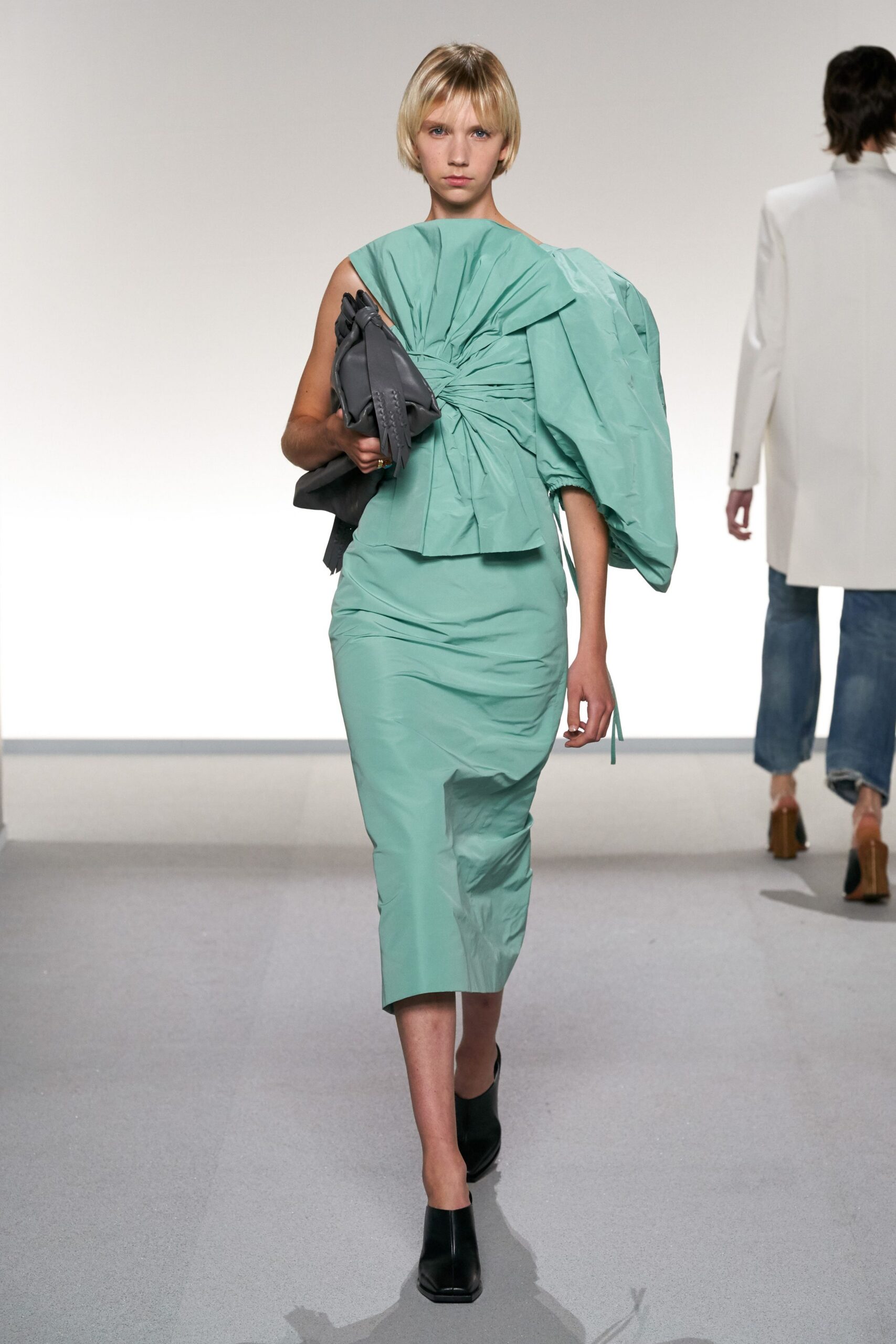 green cotton sleeveless asymmetric fitted draped midi dress