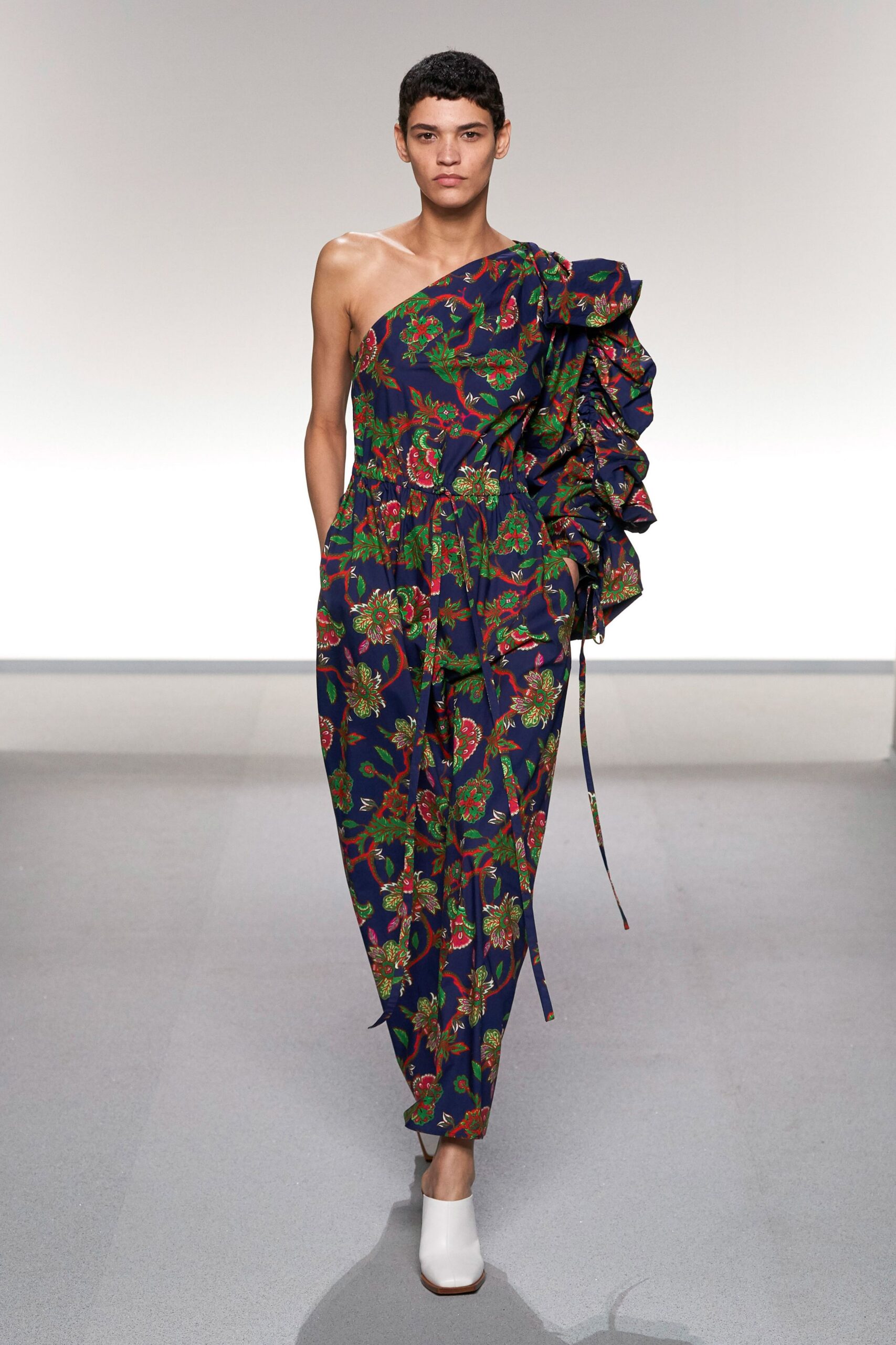 blue cotton sleeveless off-shoulder fitted floral ruffled jumpsuit