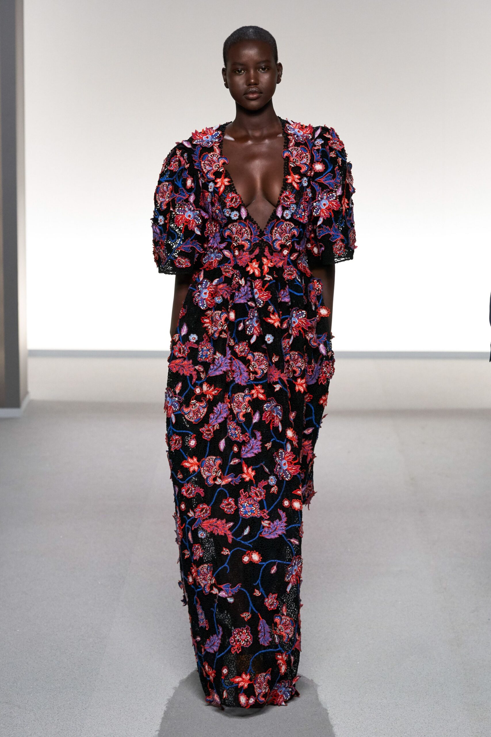 black embroidered floral gown