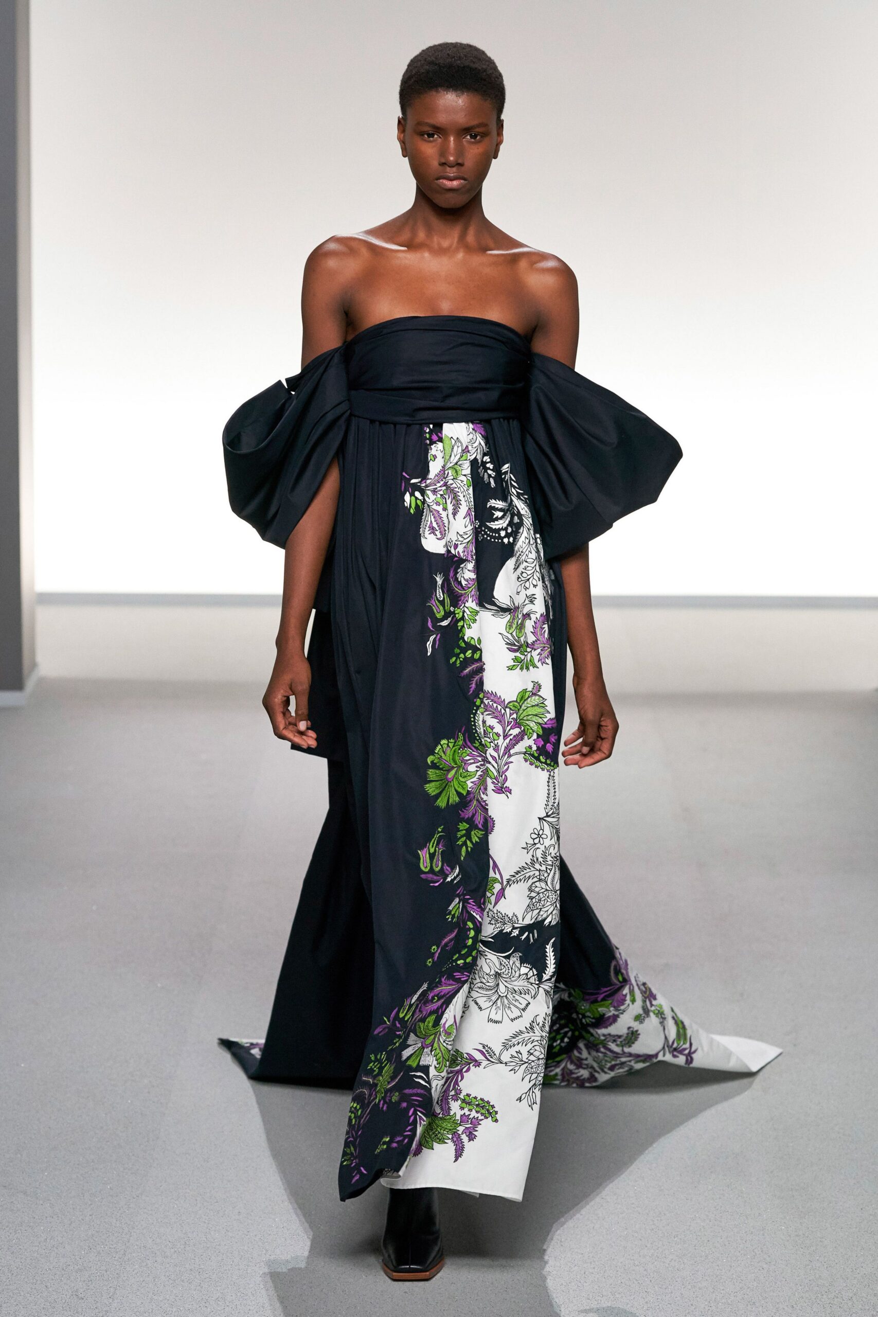 black silk strapless fitted floral draped maxi gown