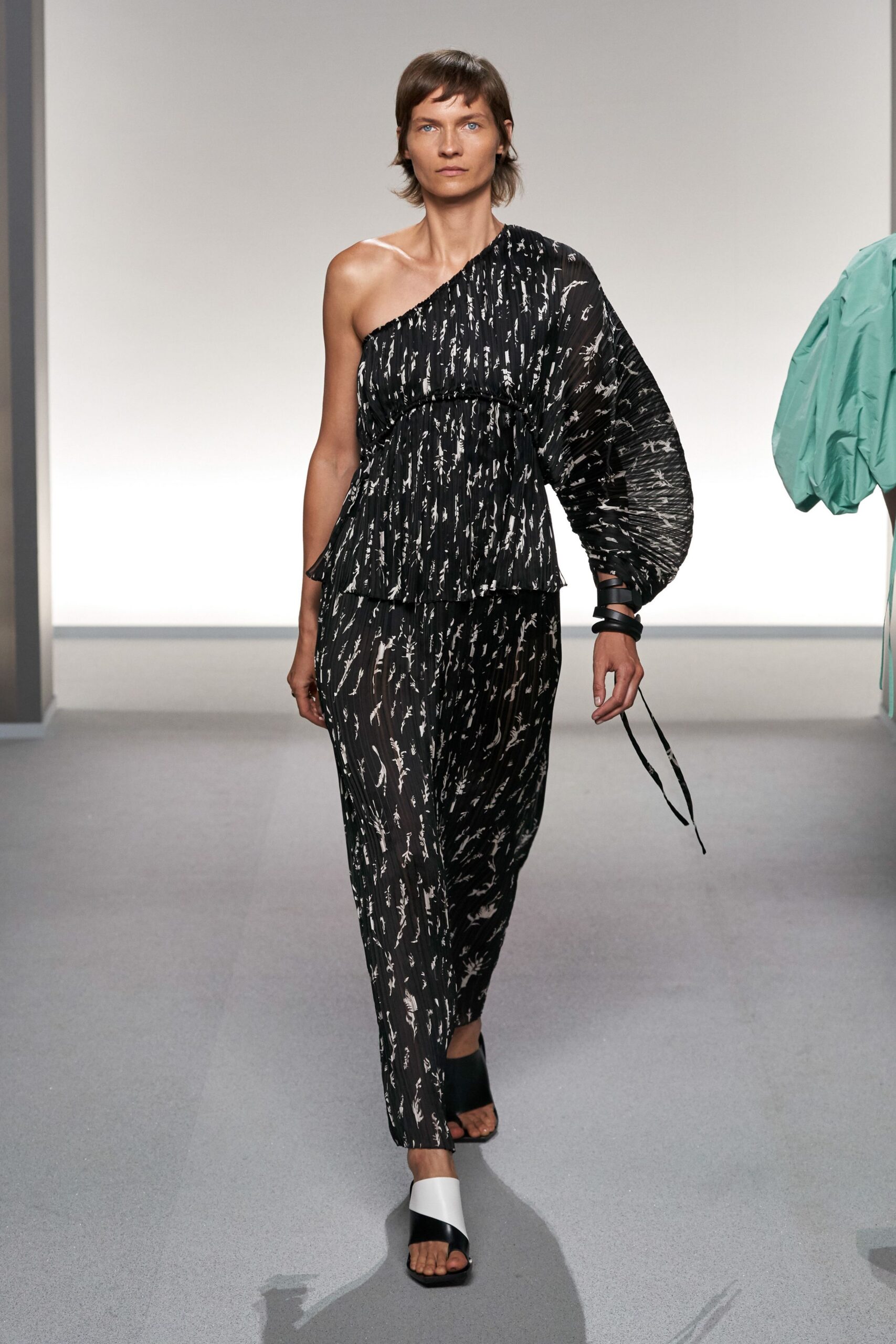 black silk sleeveless asymmetric fitted printed sheer dress