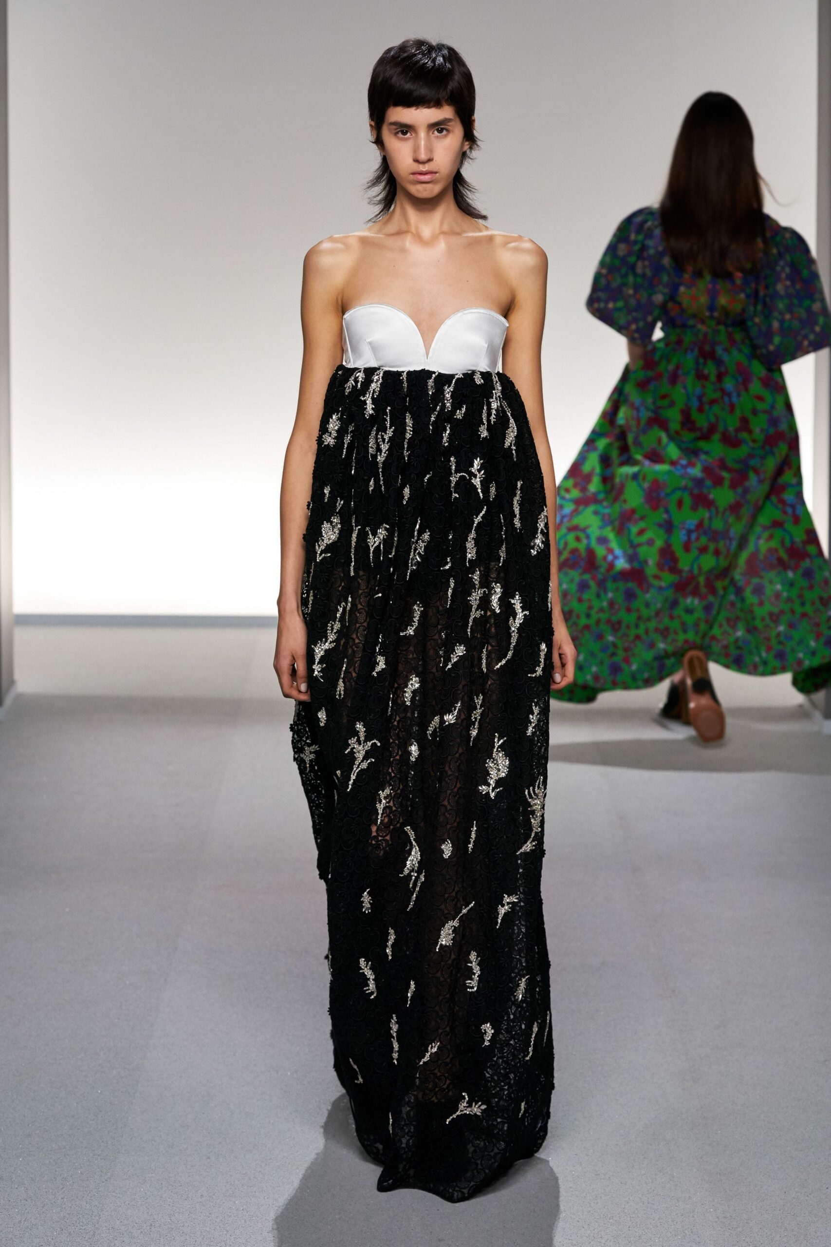 black and white strapless gown