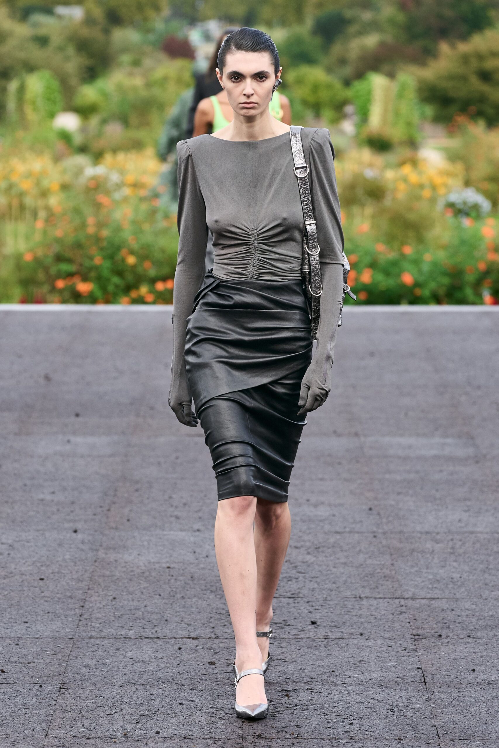 gray silk long-sleeve v-neck fitted ruched pencil dress