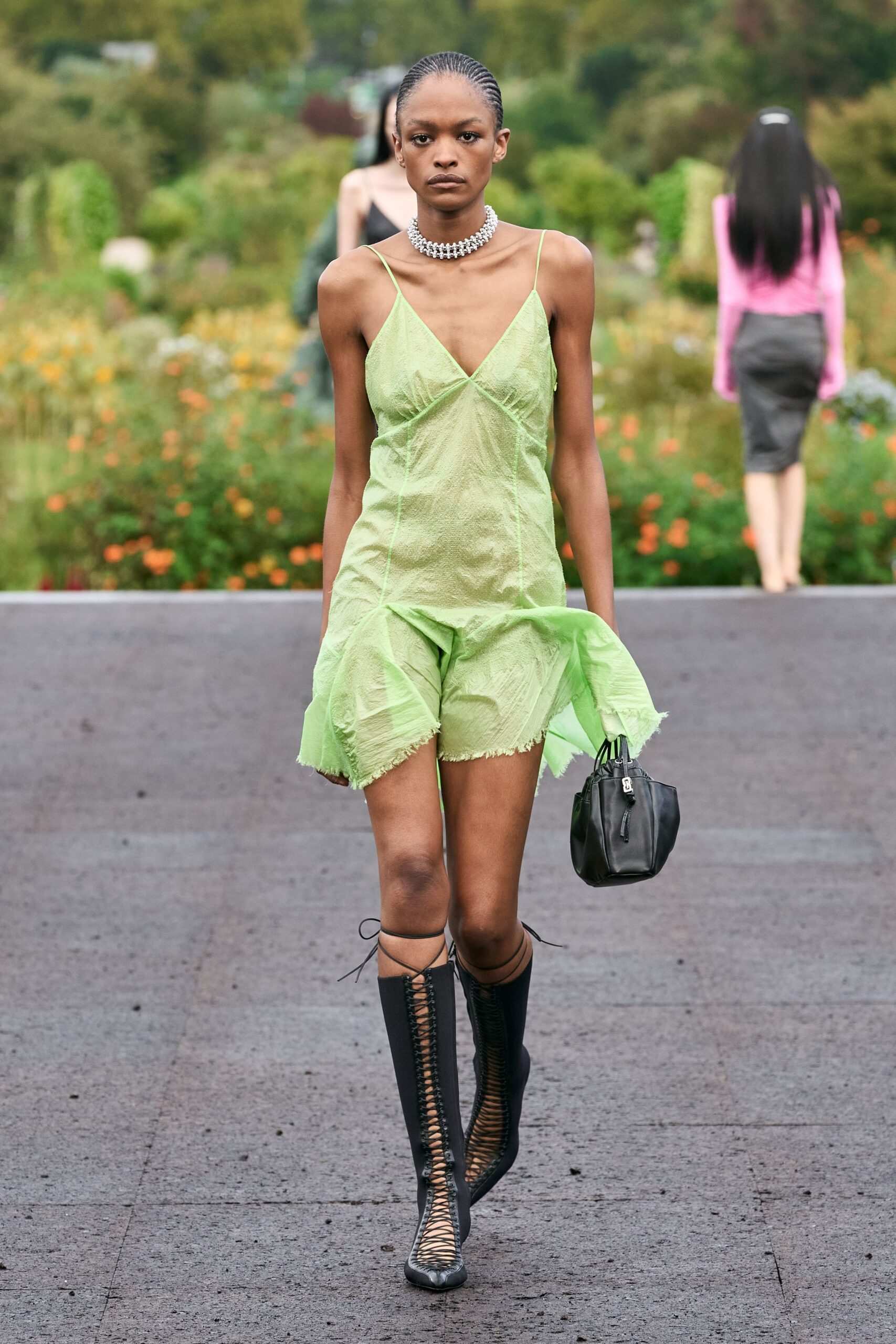 green mesh sleeveless v-neck fitted ruffled sheer dress