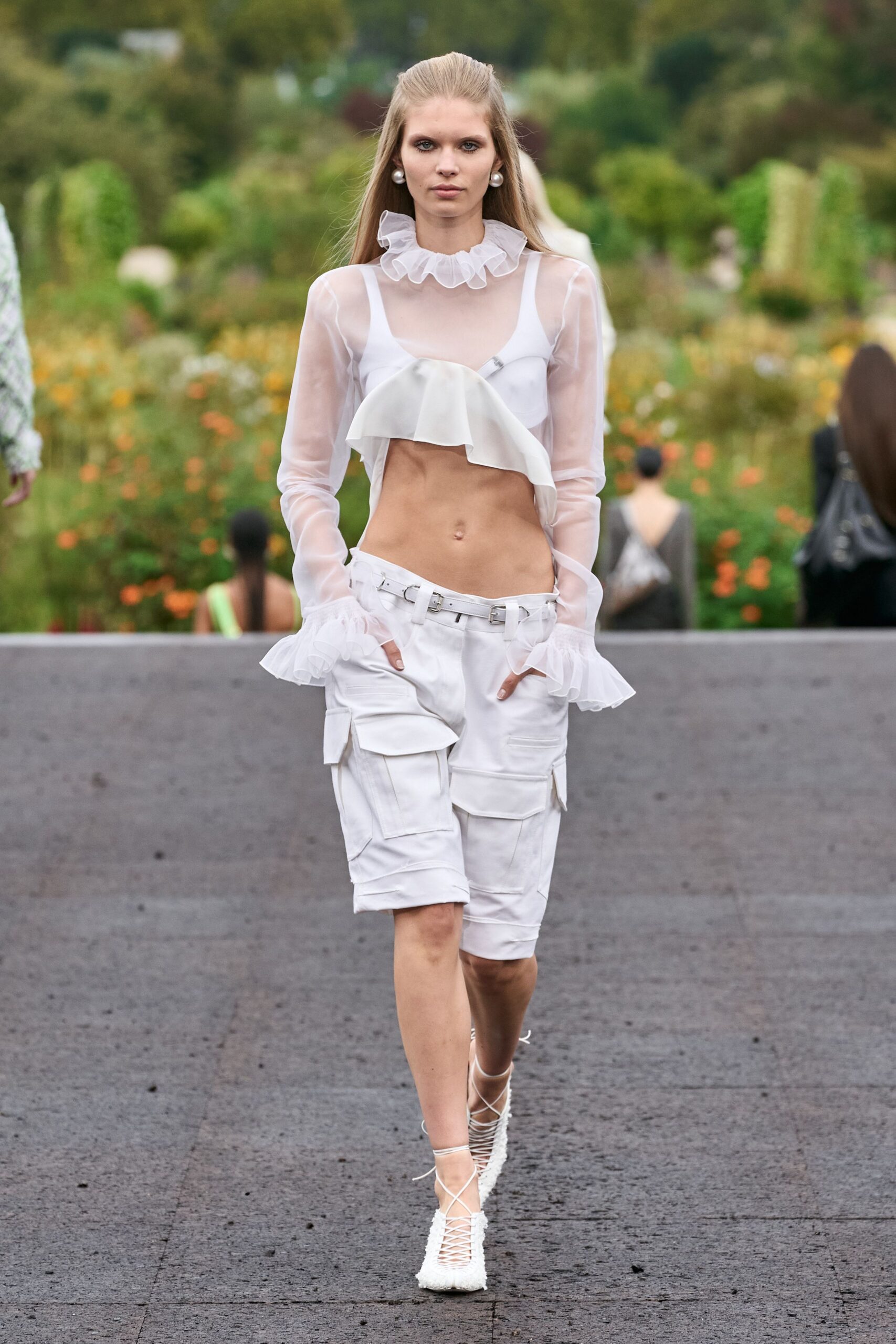 white silk sleeveless v-neck fitted ruffled sheer top