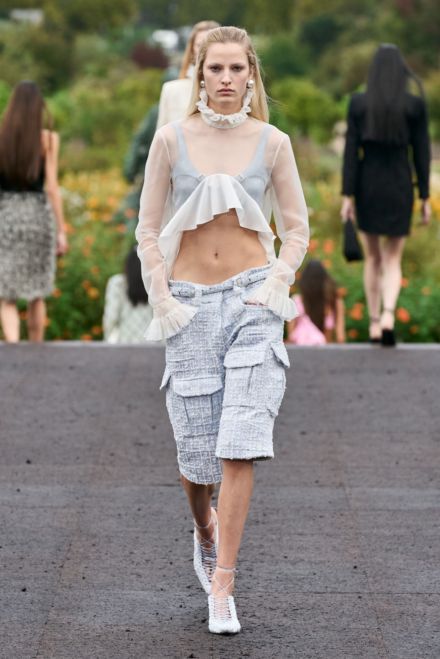 gray silk sleeveless high-neck fitted ruffled sheer top