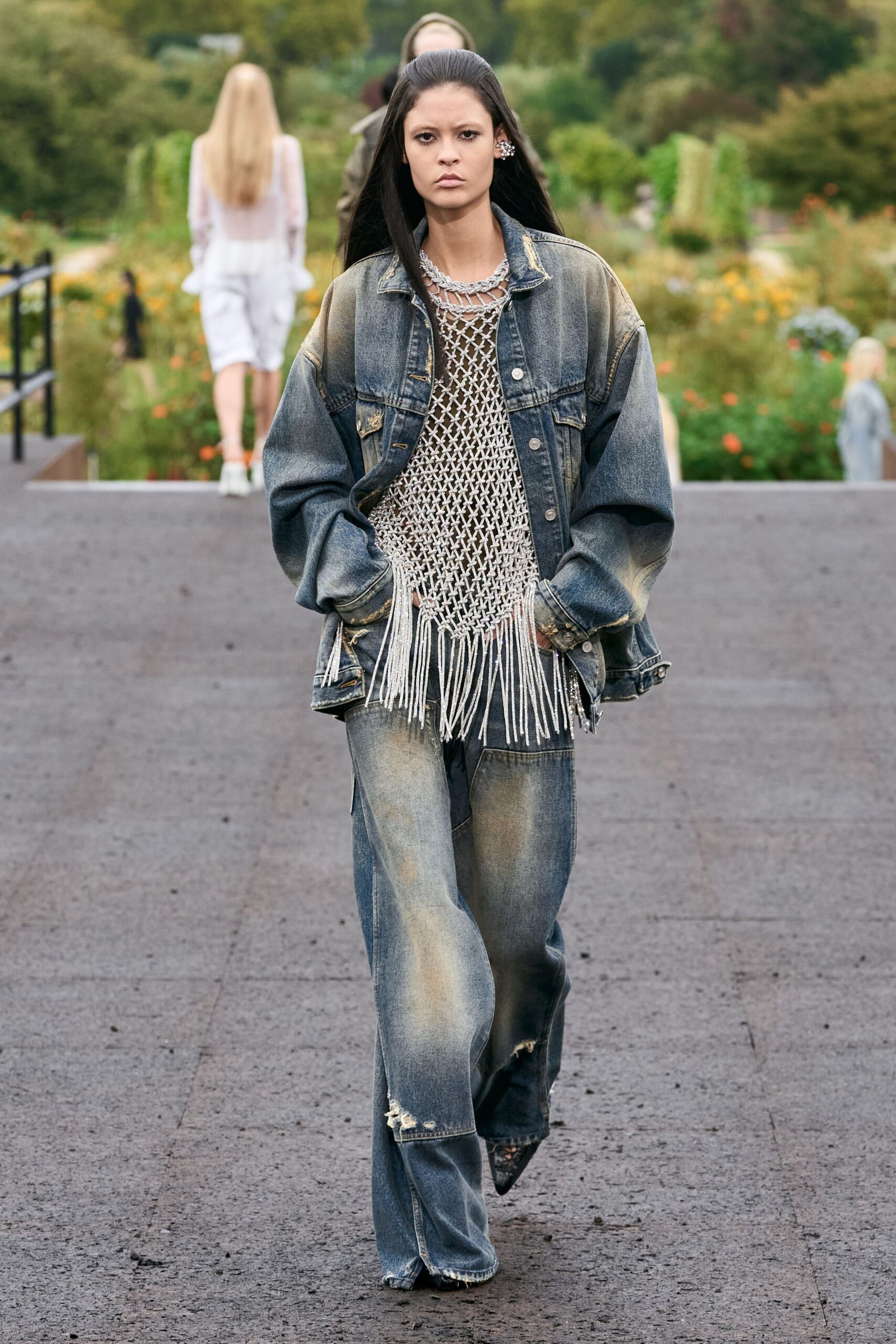 blue denim long-sleeve oversized fringed jacket
