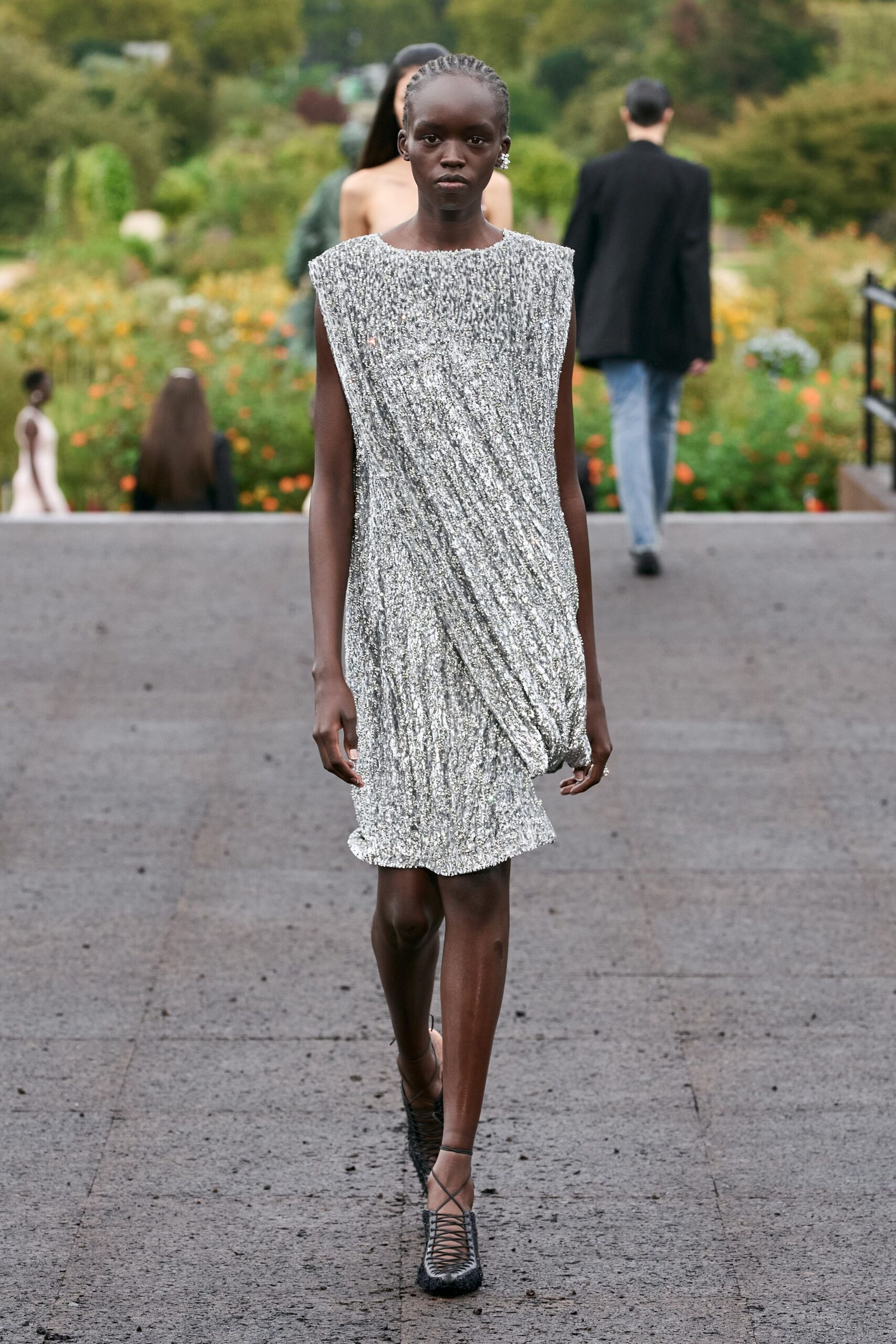 gray silk sleeveless v-neck fitted draped shiny dress