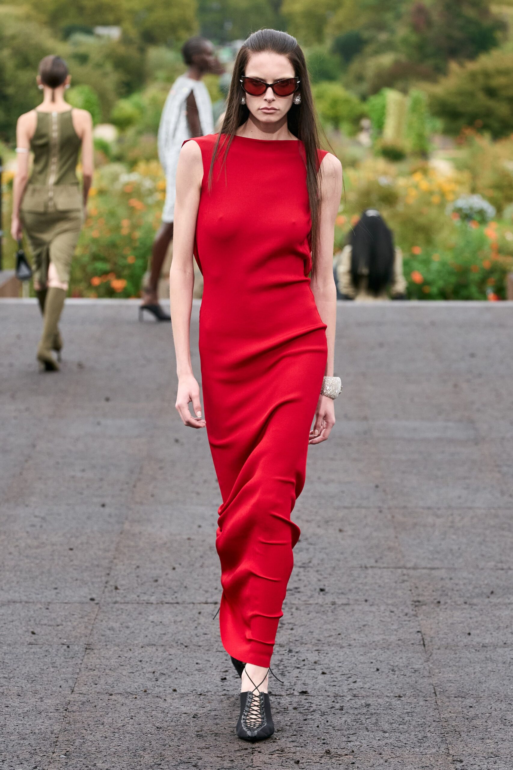 red knit sleeveless high-neck fitted ruched midi dress