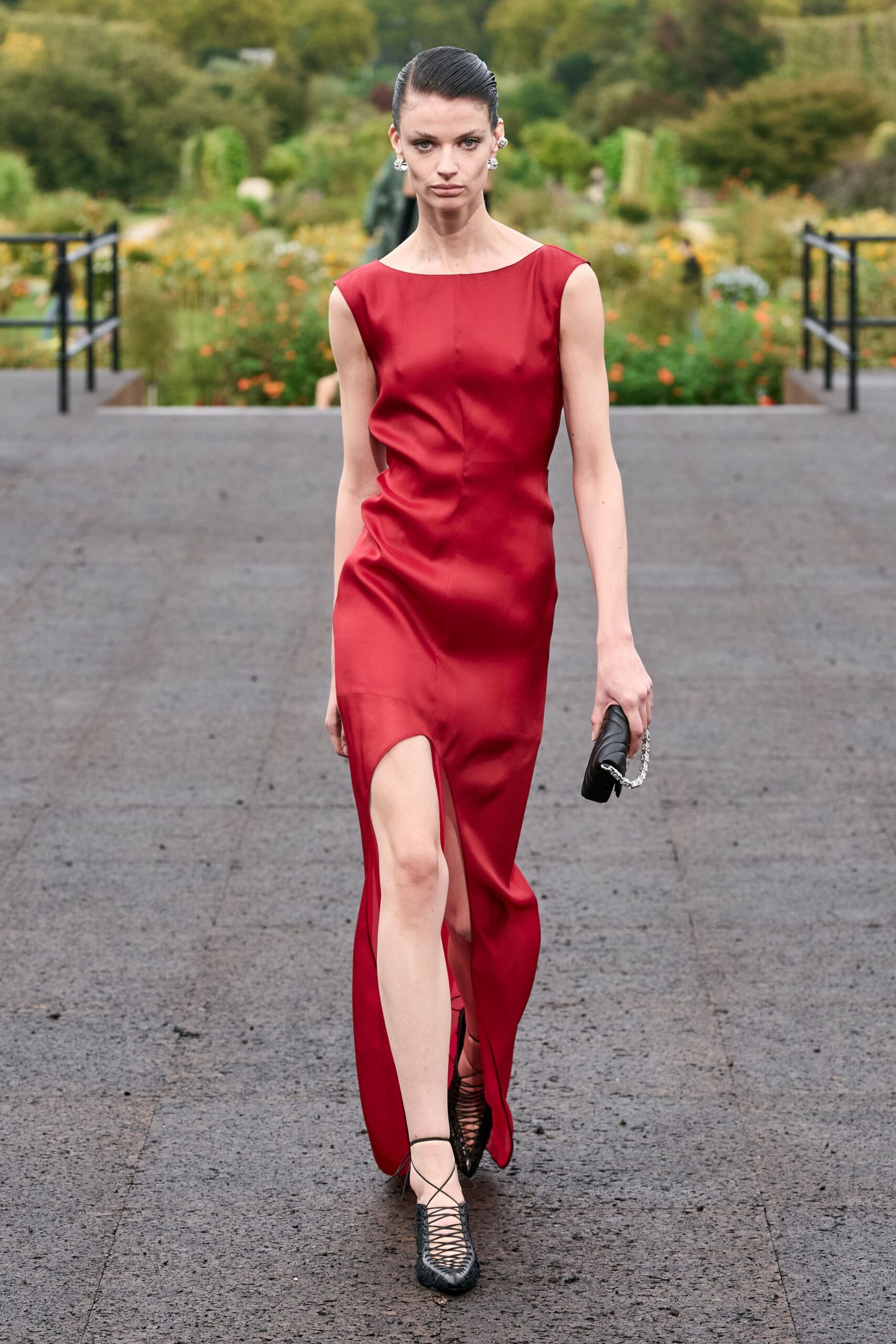 red silk sleeveless v-neck fitted shiny midi gown