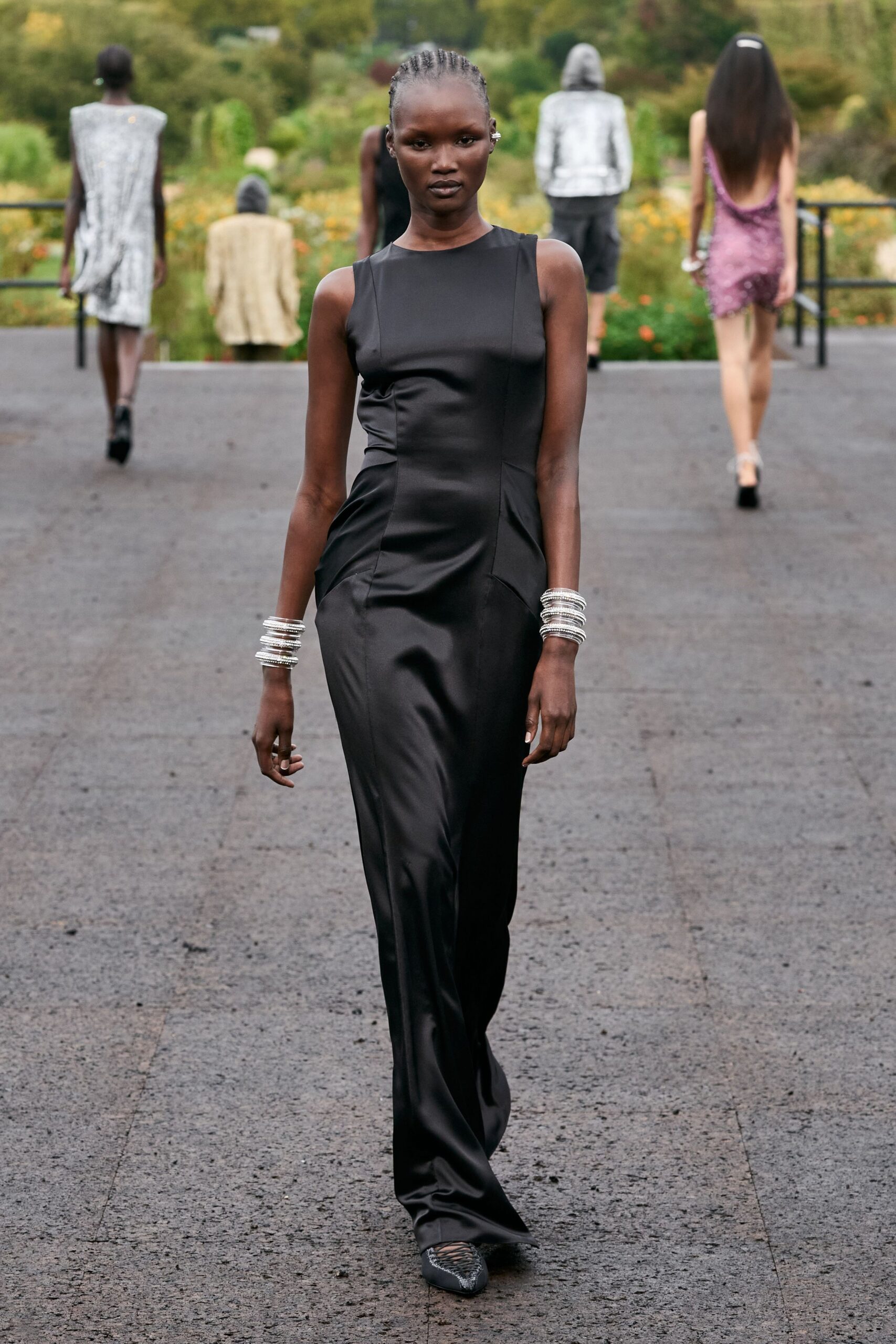black silk sleeveless gown