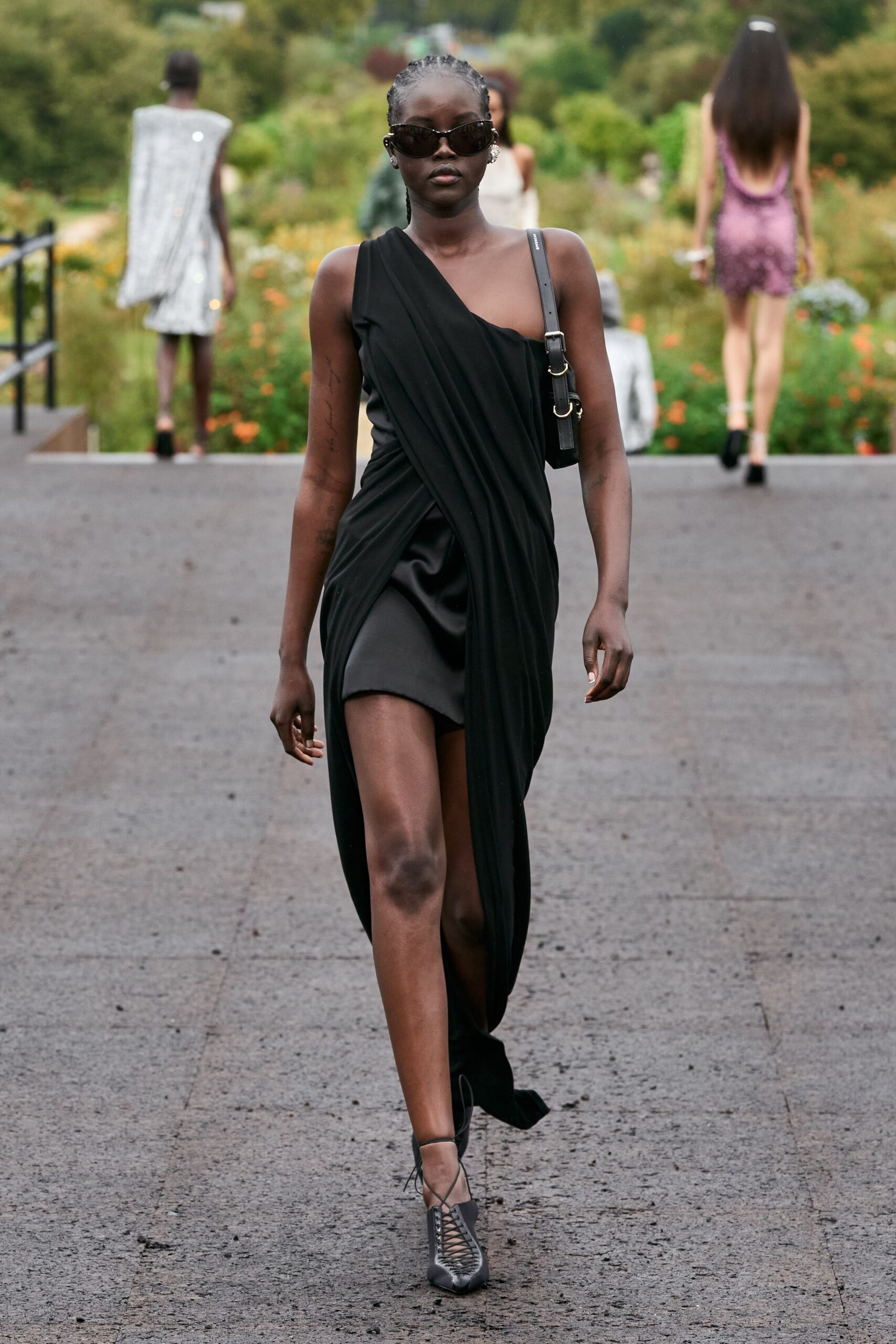 black silk sleeveless v-neck fitted draped mini dress