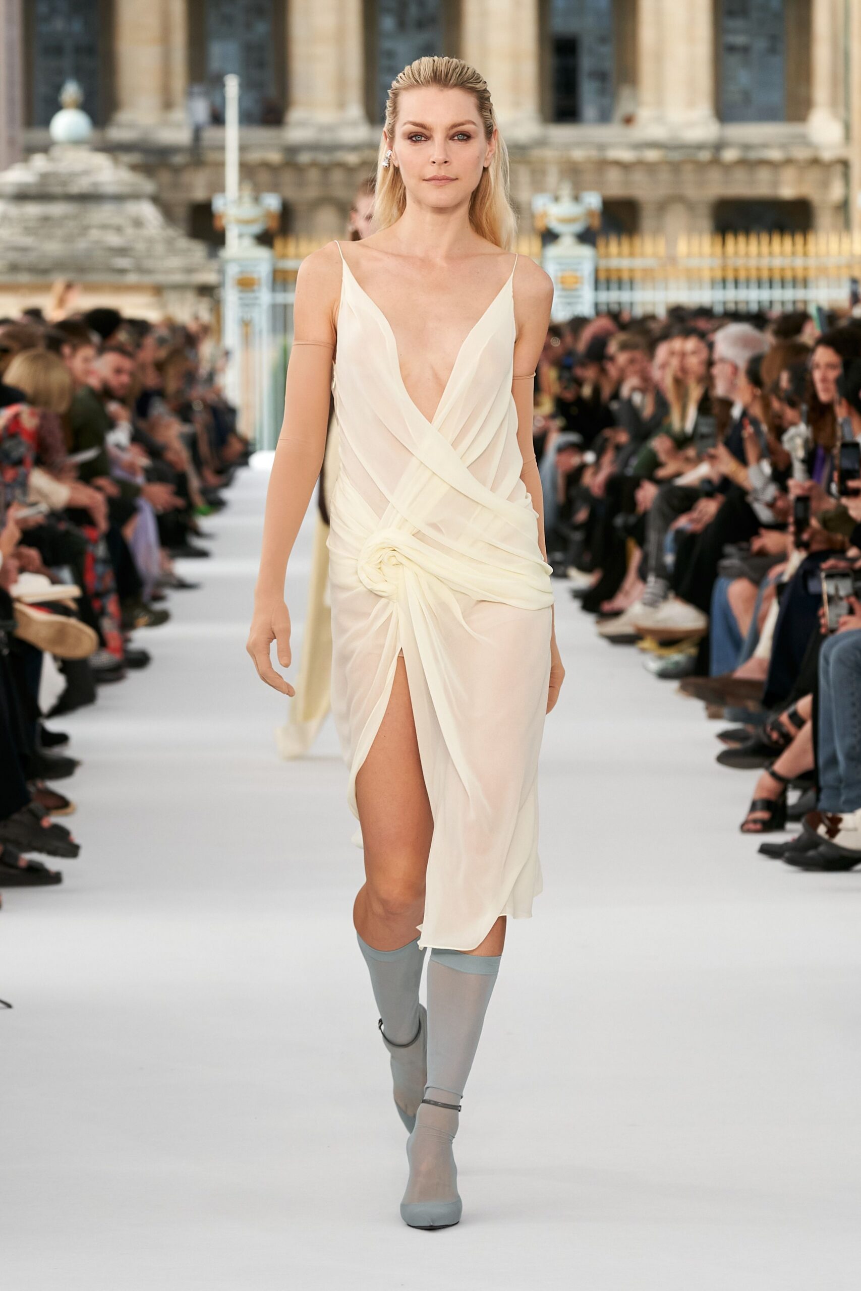 white silk sleeveless v-neck fitted draped sheer dress