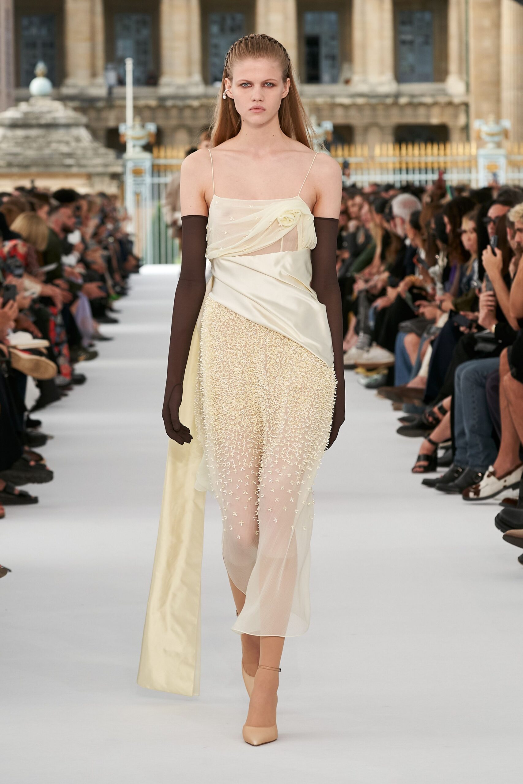 ivory silk sleeveless off-shoulder fitted draped embellished dress