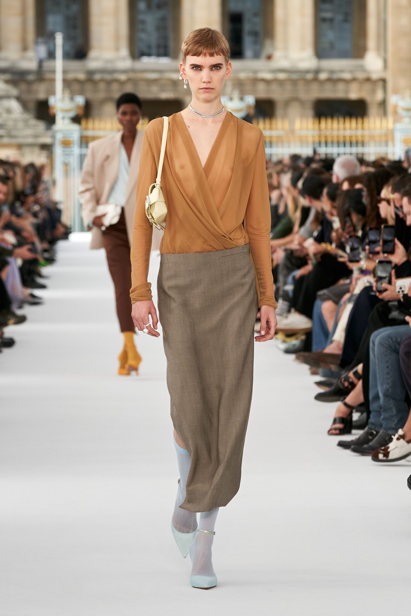 brown silk long-sleeve v-neck fitted top