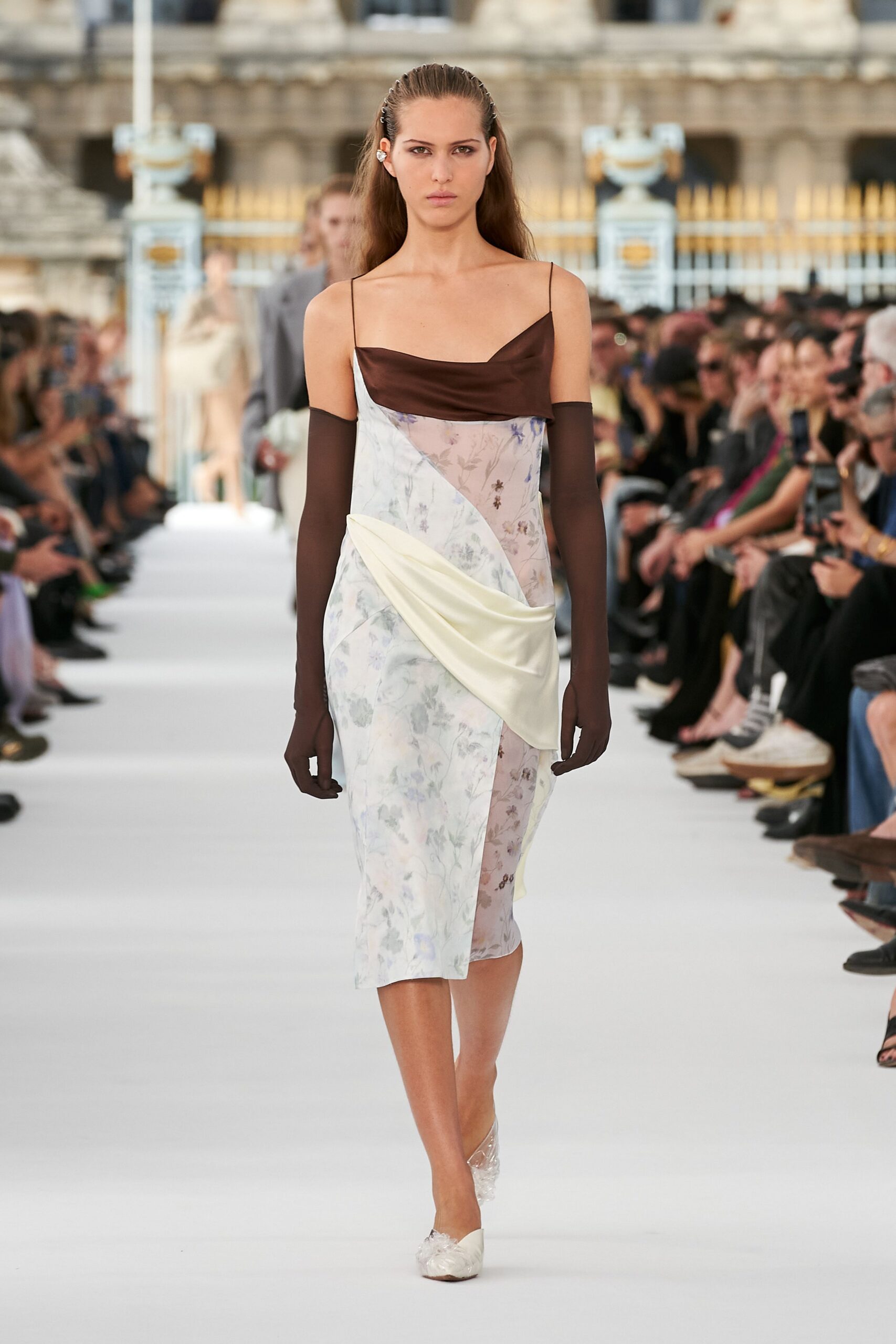 multi silk sleeveless v-neck fitted floral draped dress