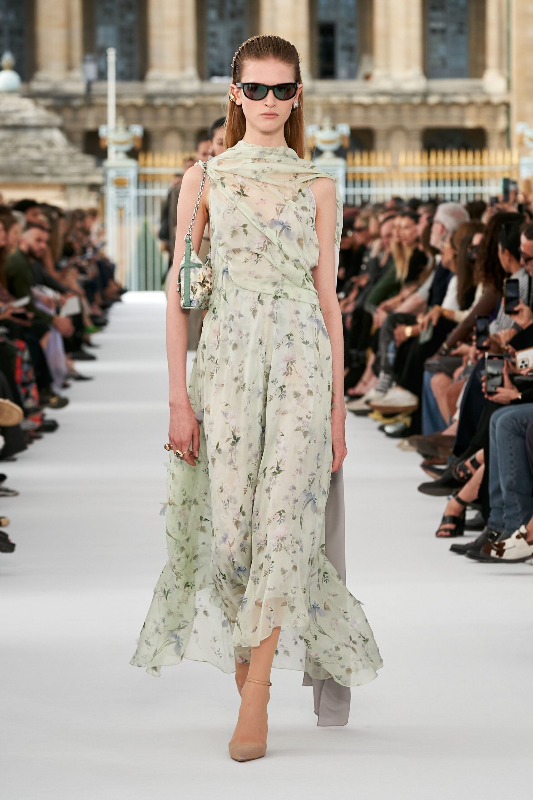 green silk sleeveless v-neck fitted floral layered dress