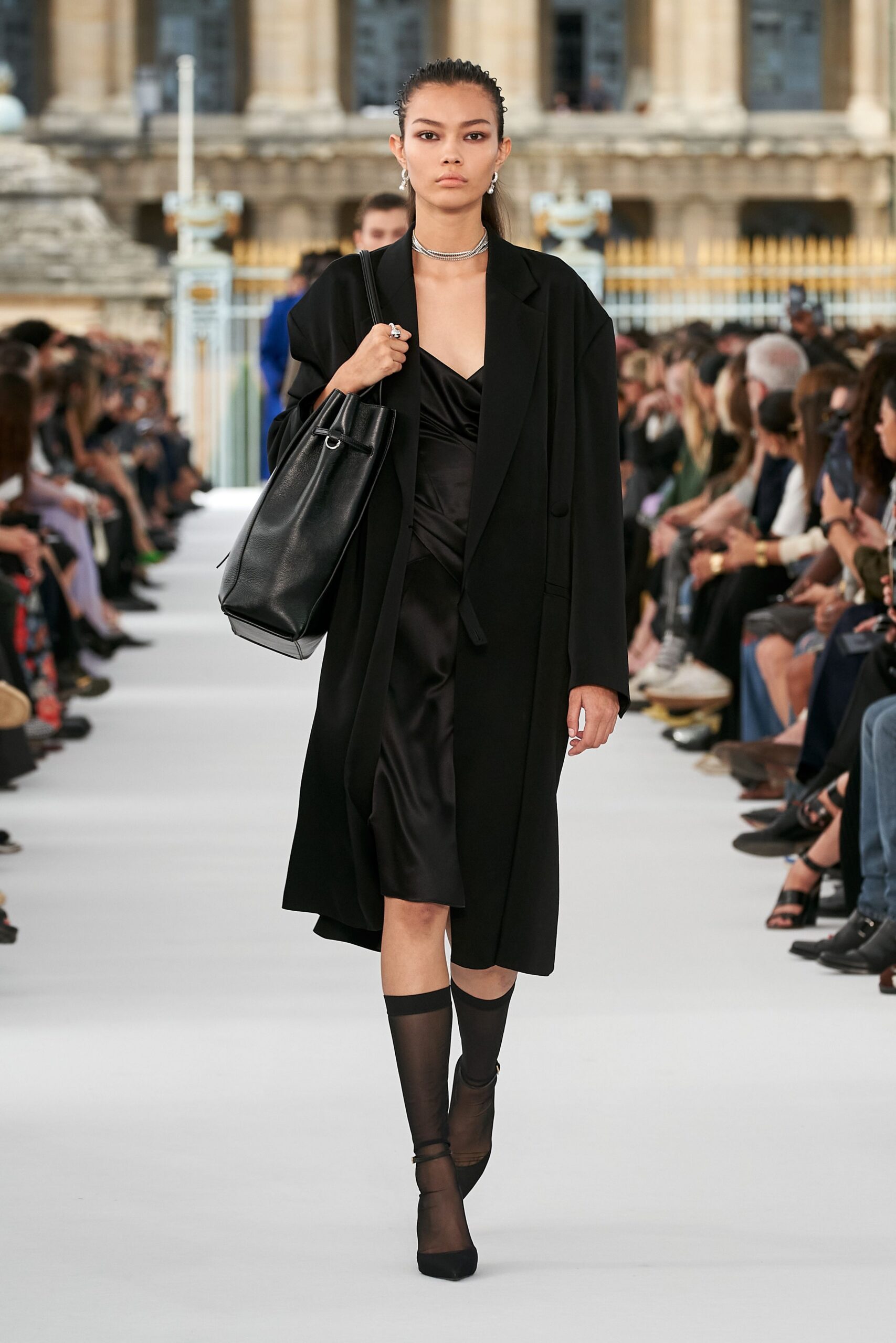 black silk midi dress with coat
