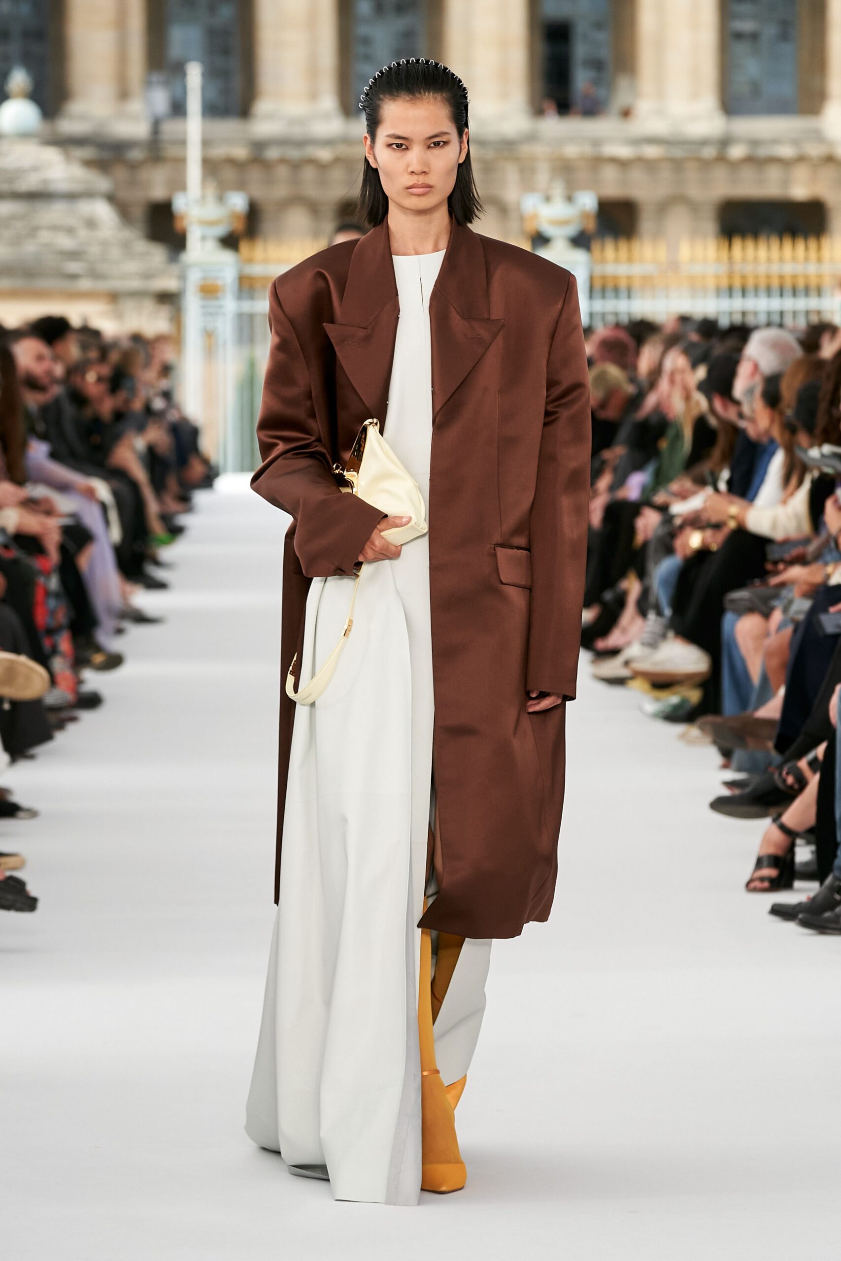 brown satin long-sleeve collared oversized coat