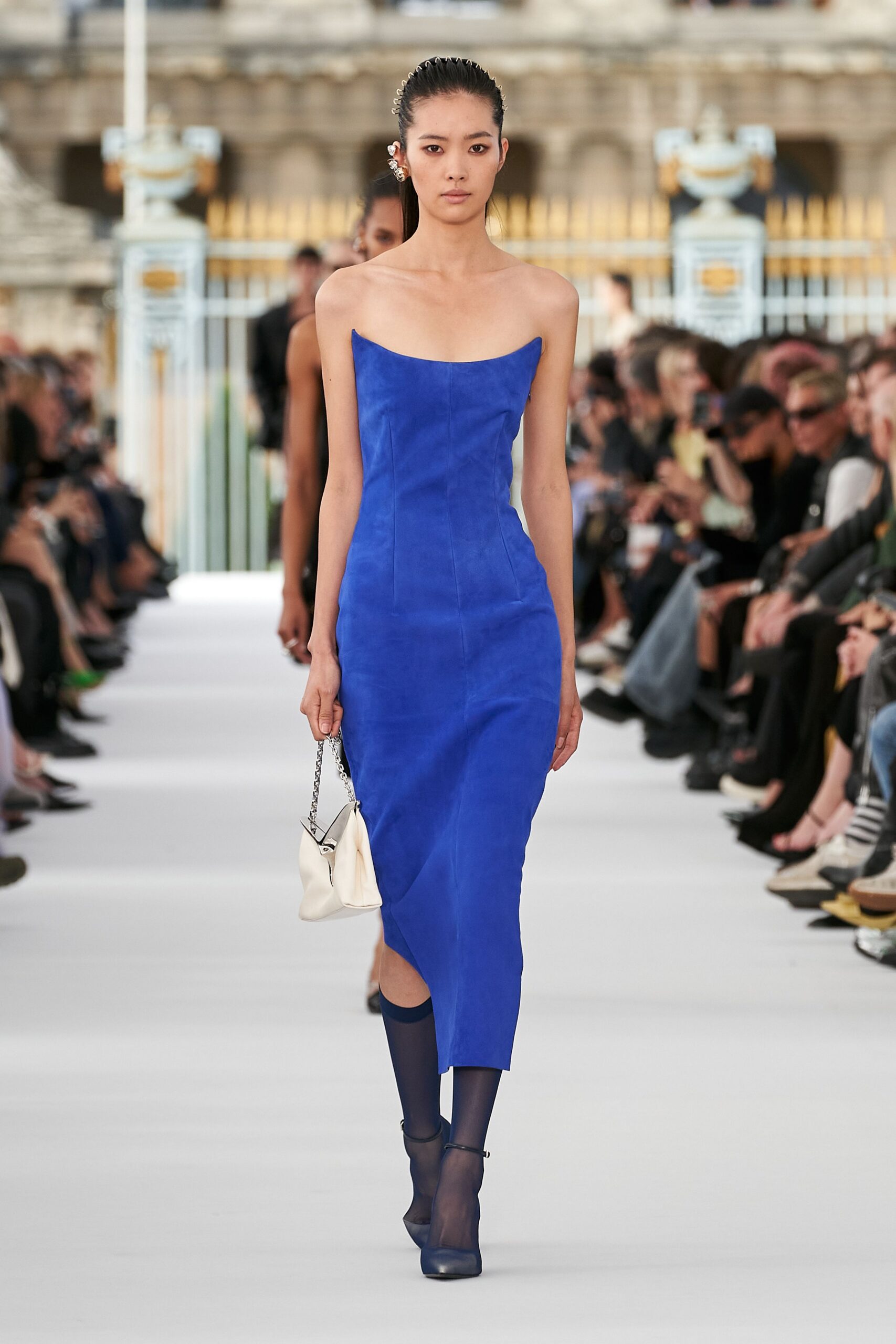 blue suede sleeveless square-neck fitted midi dress