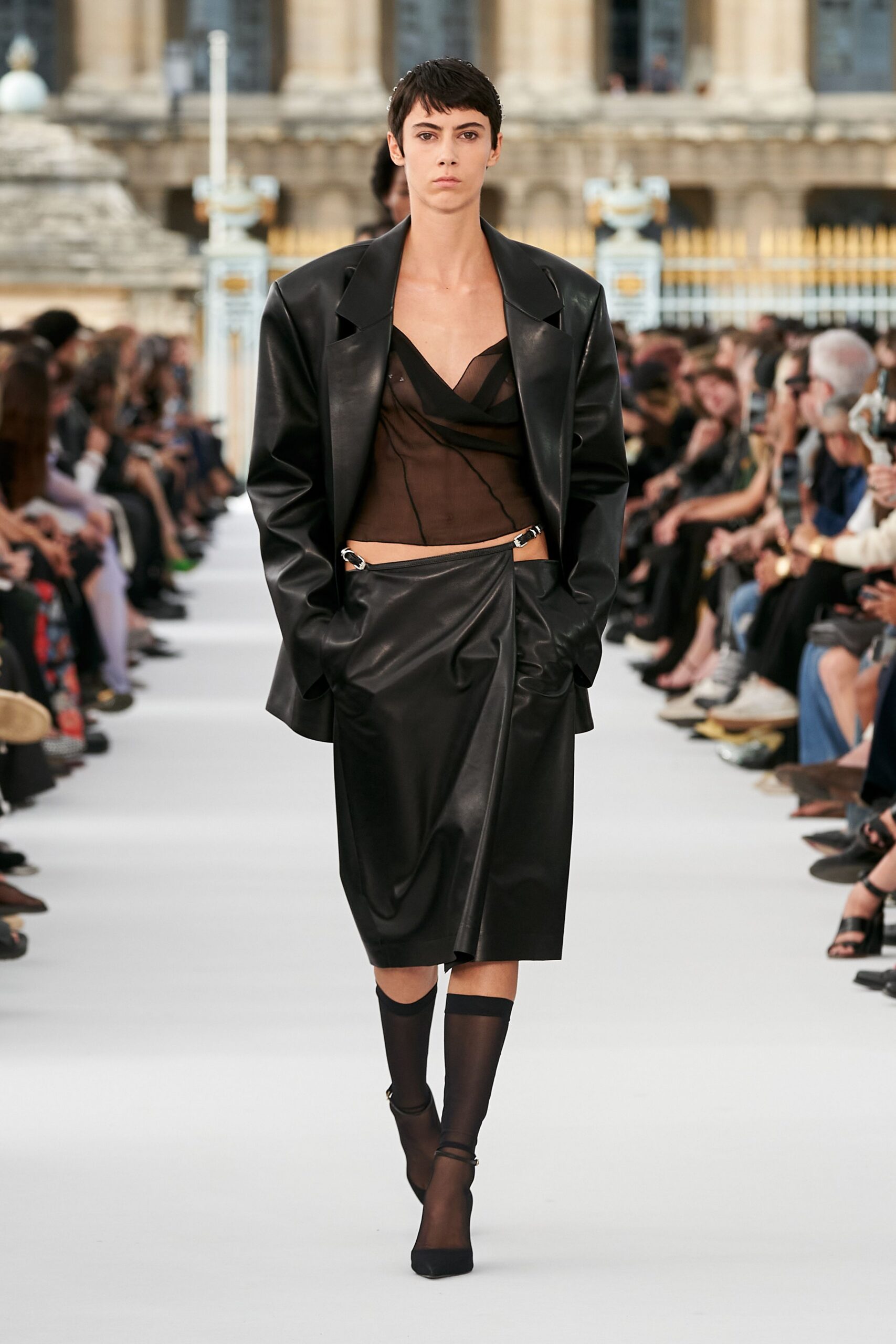 black leather long-sleeve collared structured blazer
