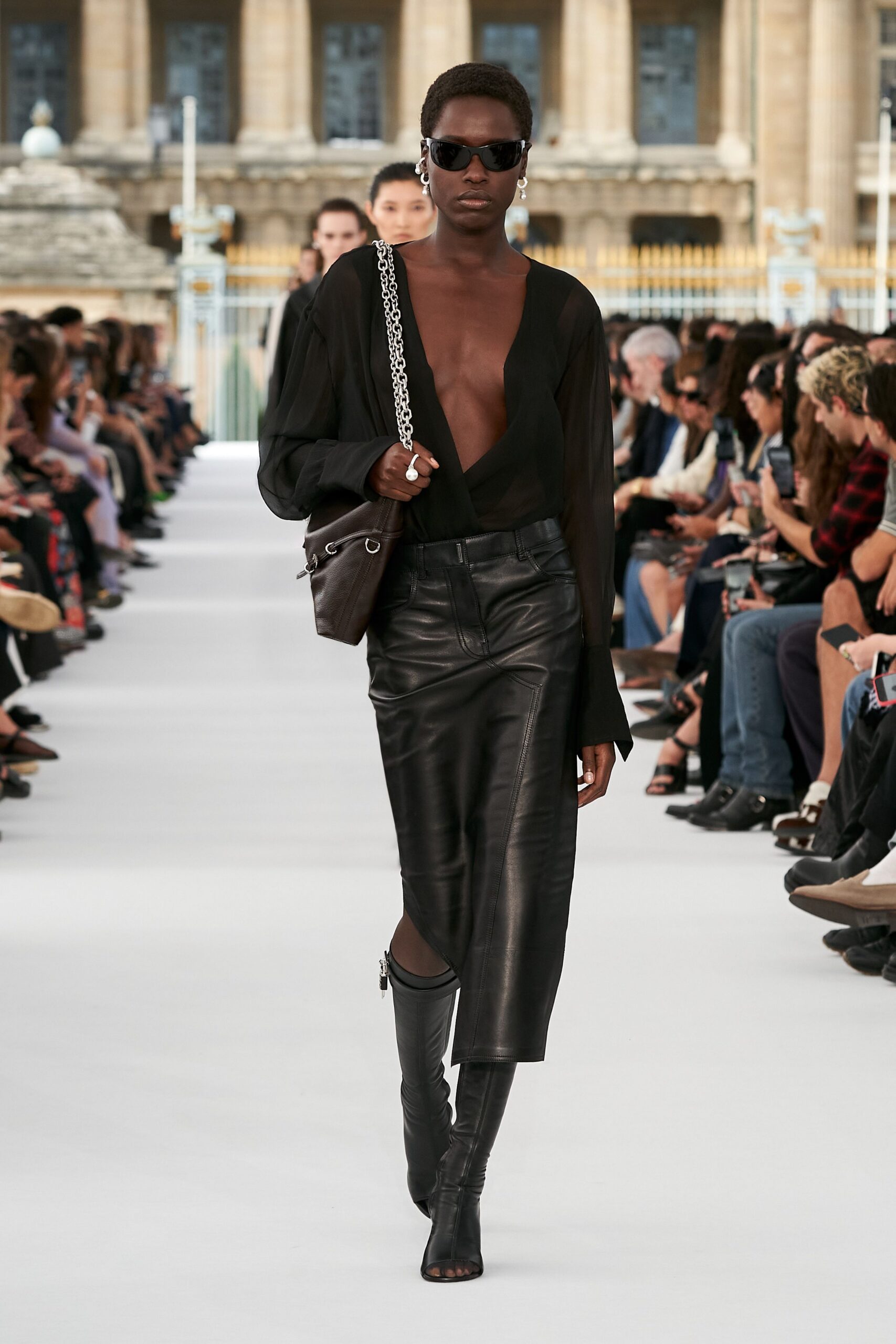 black silk long-sleeve v-neck fitted sheer blouse
