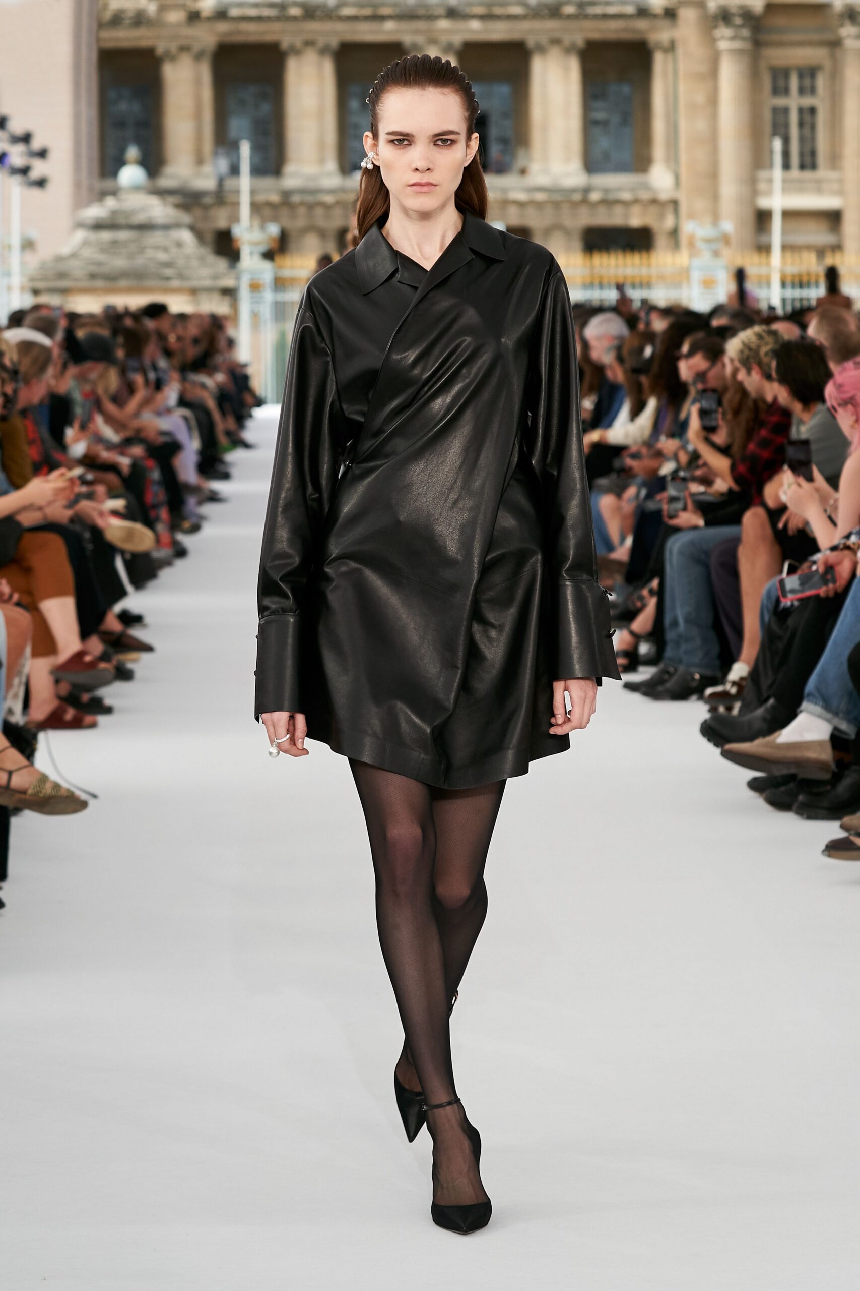 black leather long-sleeve collared fitted draped mini dress