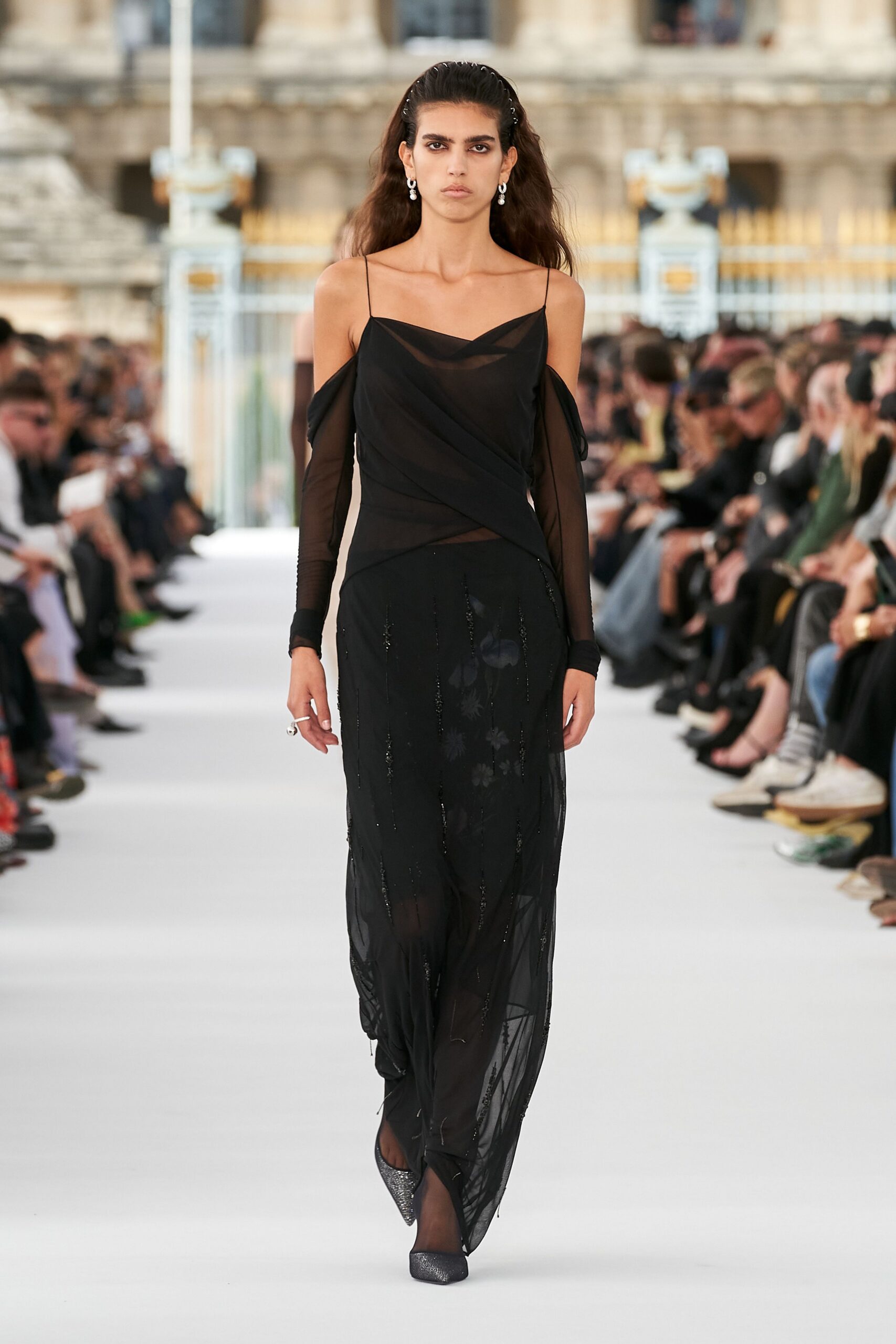 black silk long-sleeve off-shoulder fitted draped layered dress