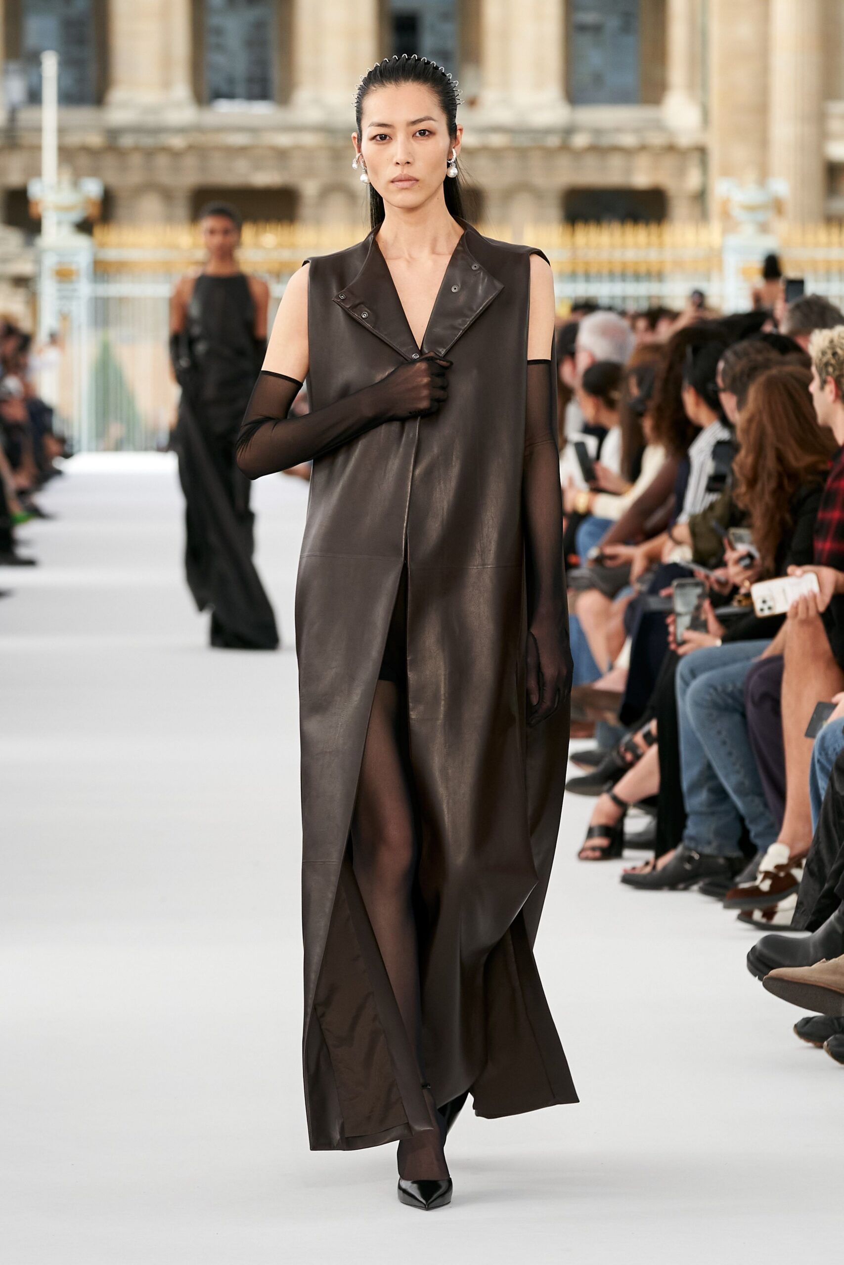 black leather sleeveless v-neck fitted zippered maxi gown