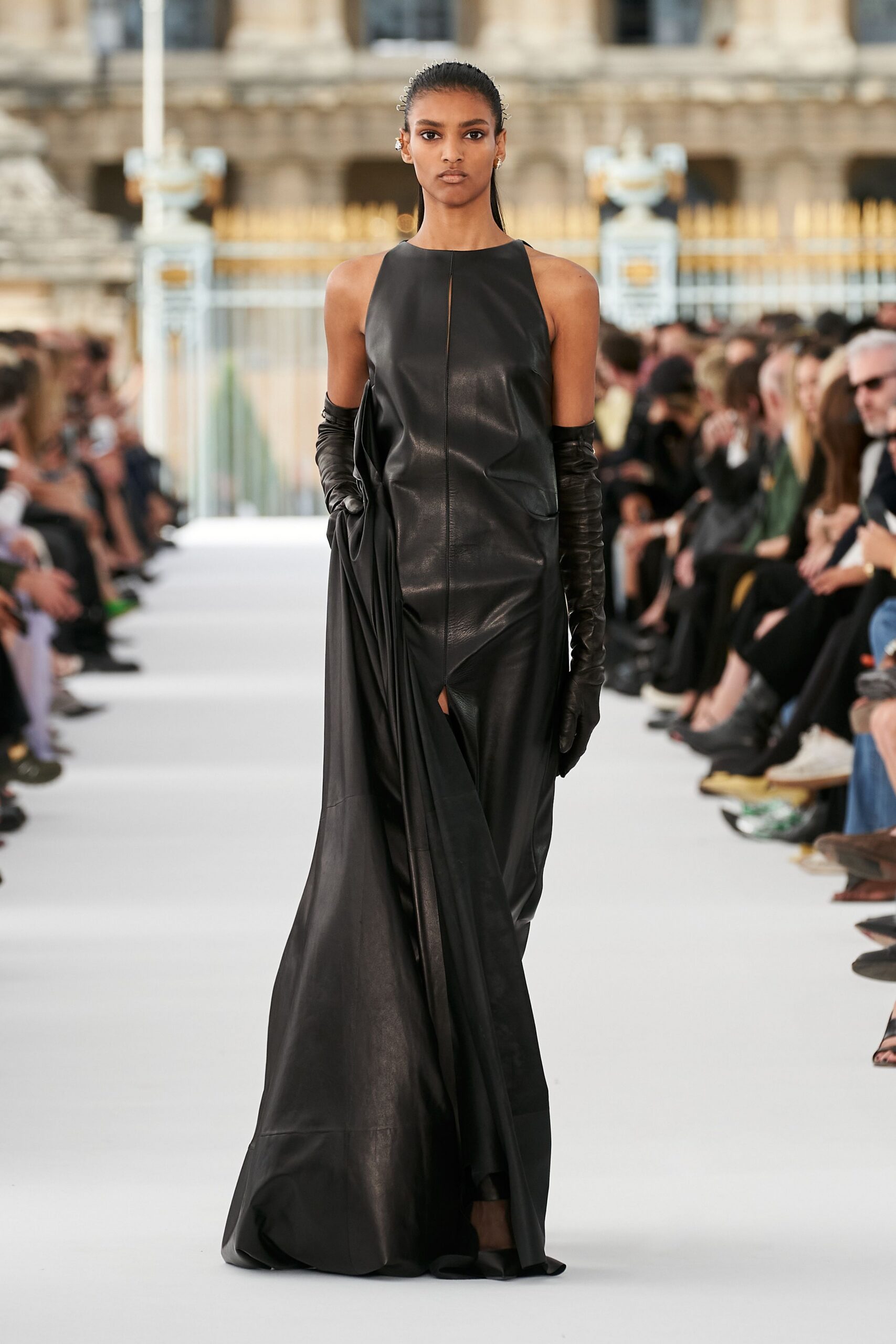 black leather sleeveless high-neck fitted draped maxi gown