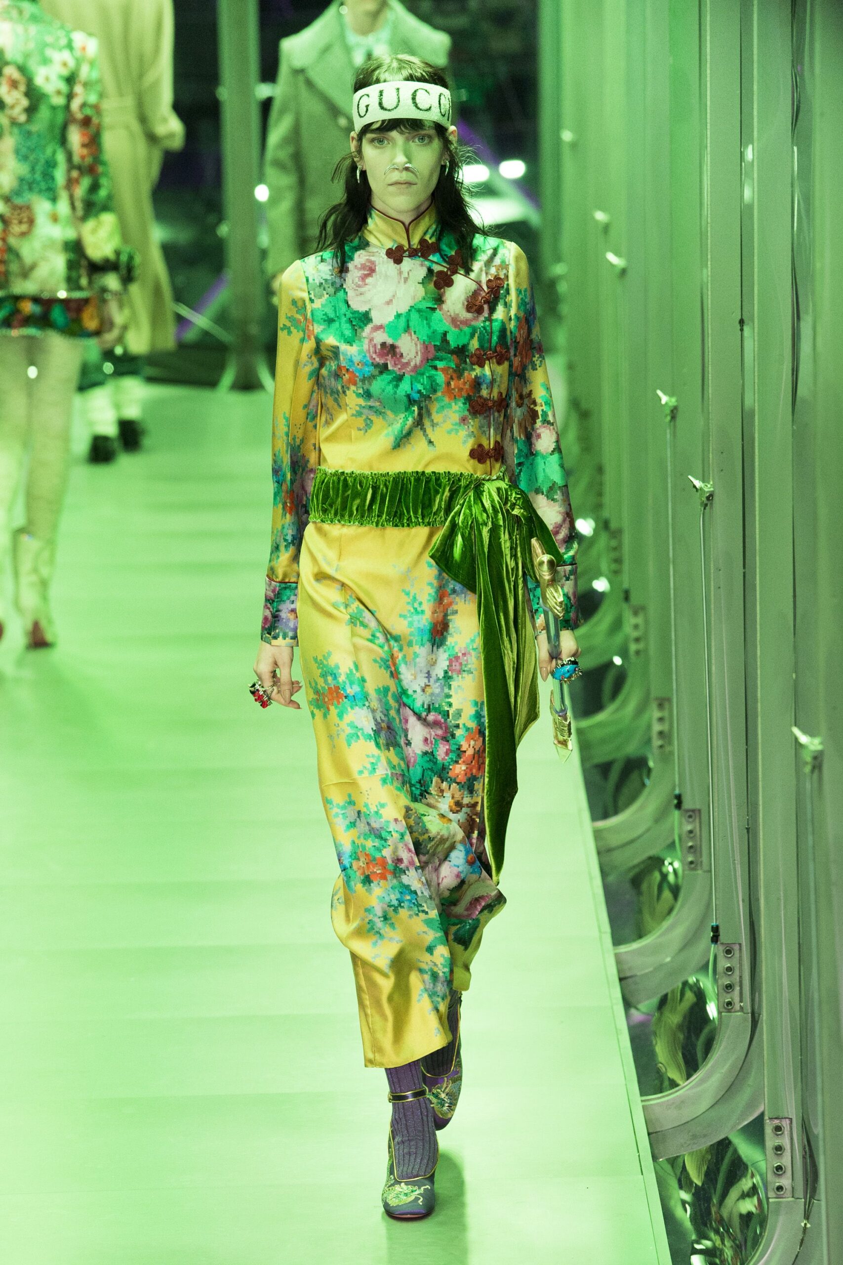 yellow silk long-sleeve high-neck fitted floral tiered dress
