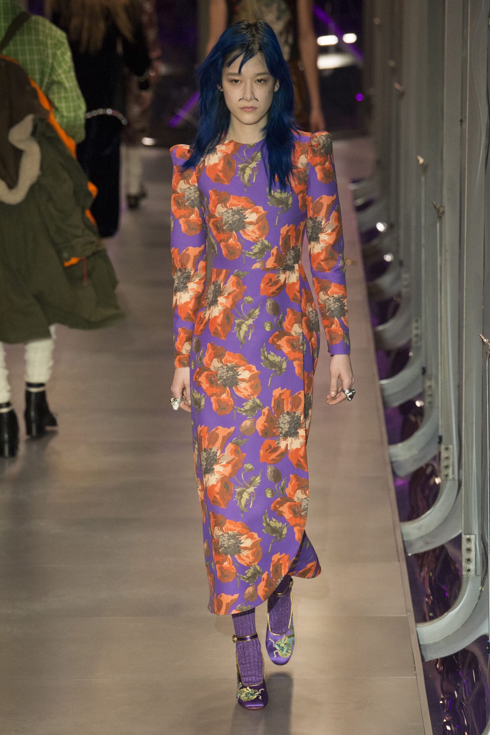 floral midi dress with purple shoes