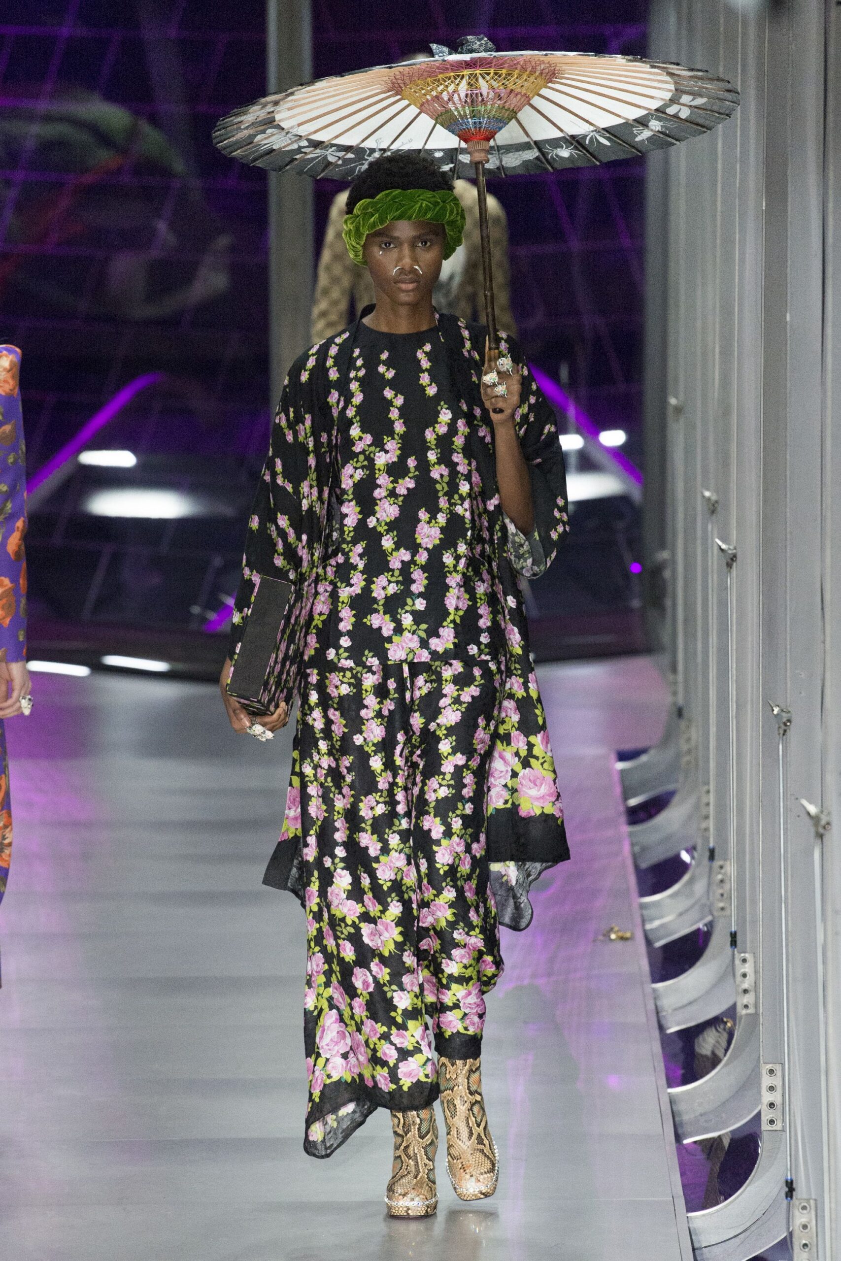 black silk long-sleeve relaxed floral layered maxi dress