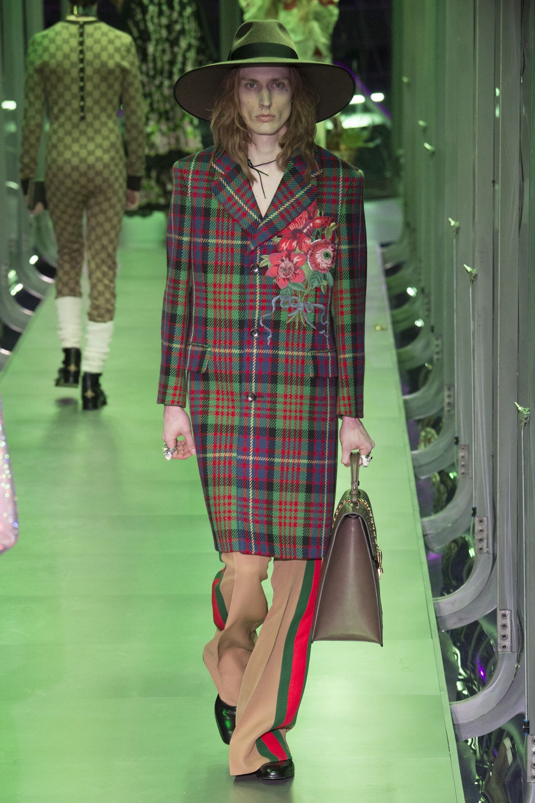 green wool long-sleeve collared tailored checked embroidered blazer