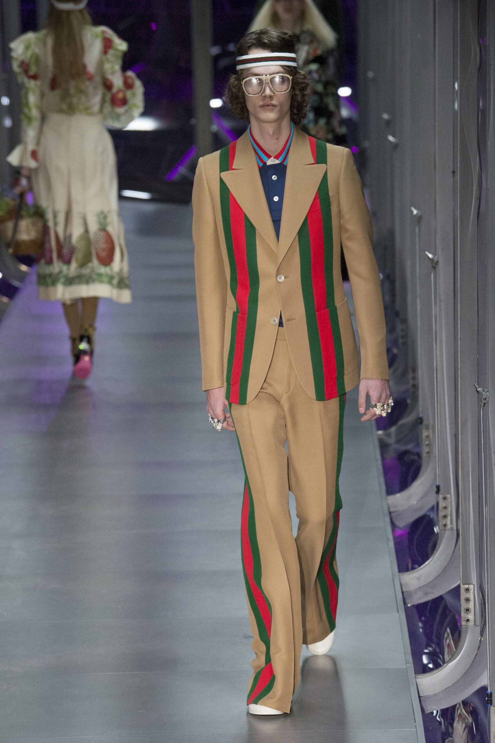beige long-sleeve collared tailored striped suit