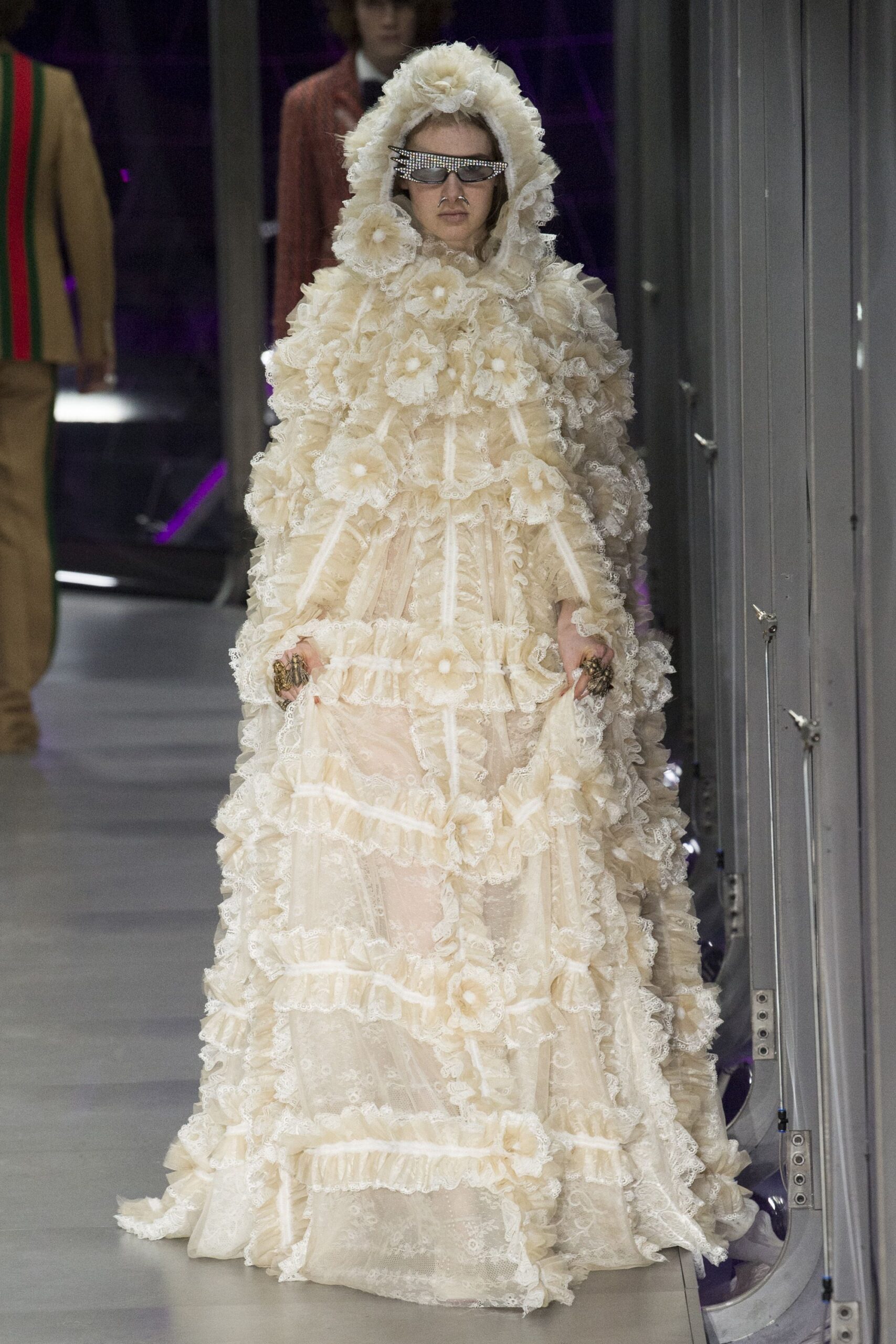ivory lace long-sleeve high-neck fitted ruffled layered gown