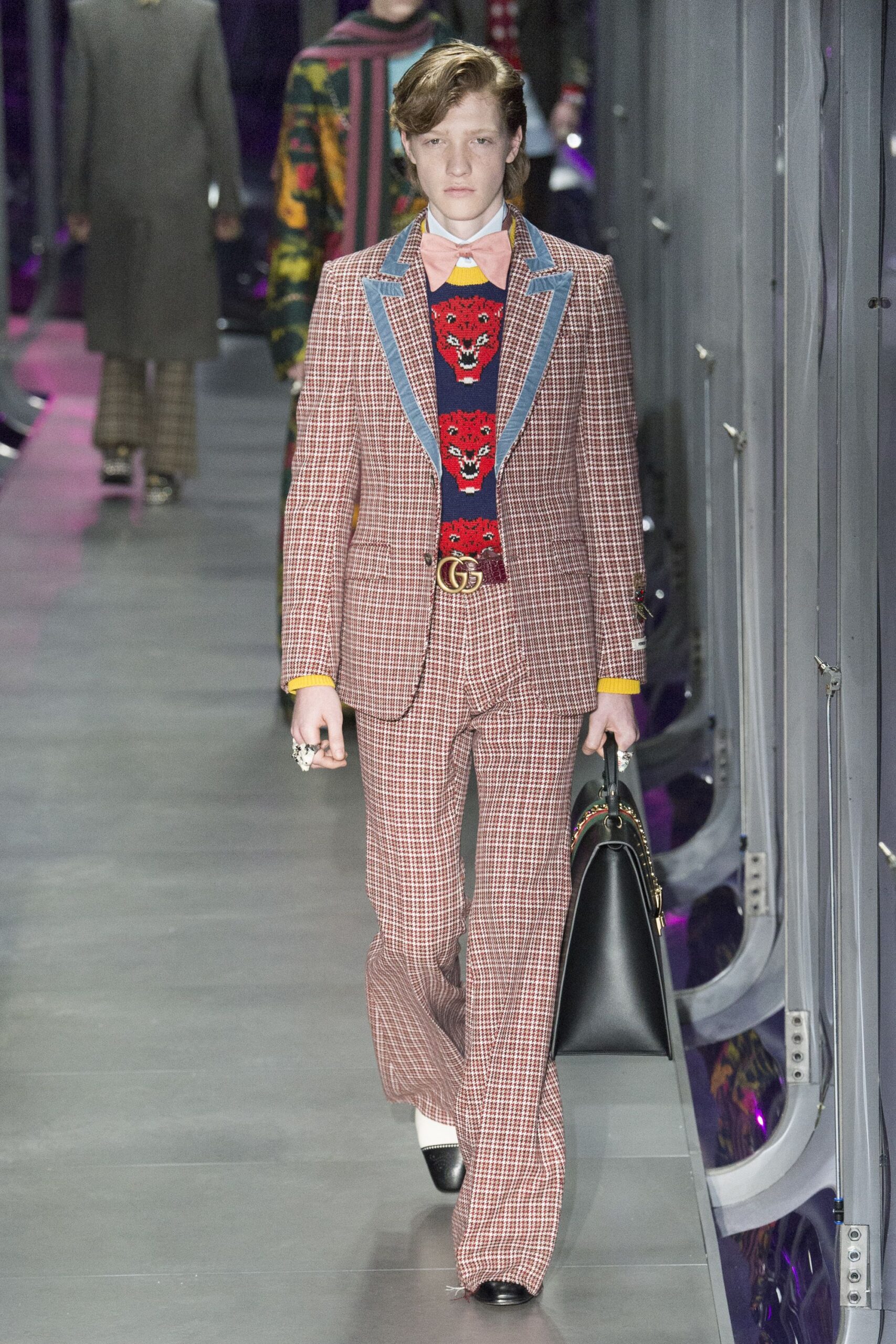 red cotton long-sleeve collared tailored checked buttoned suit