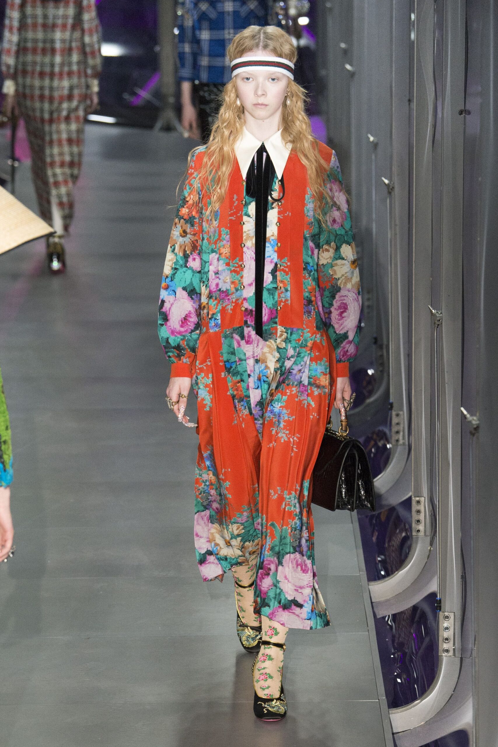 red silk long-sleeve collared relaxed floral tiered dress