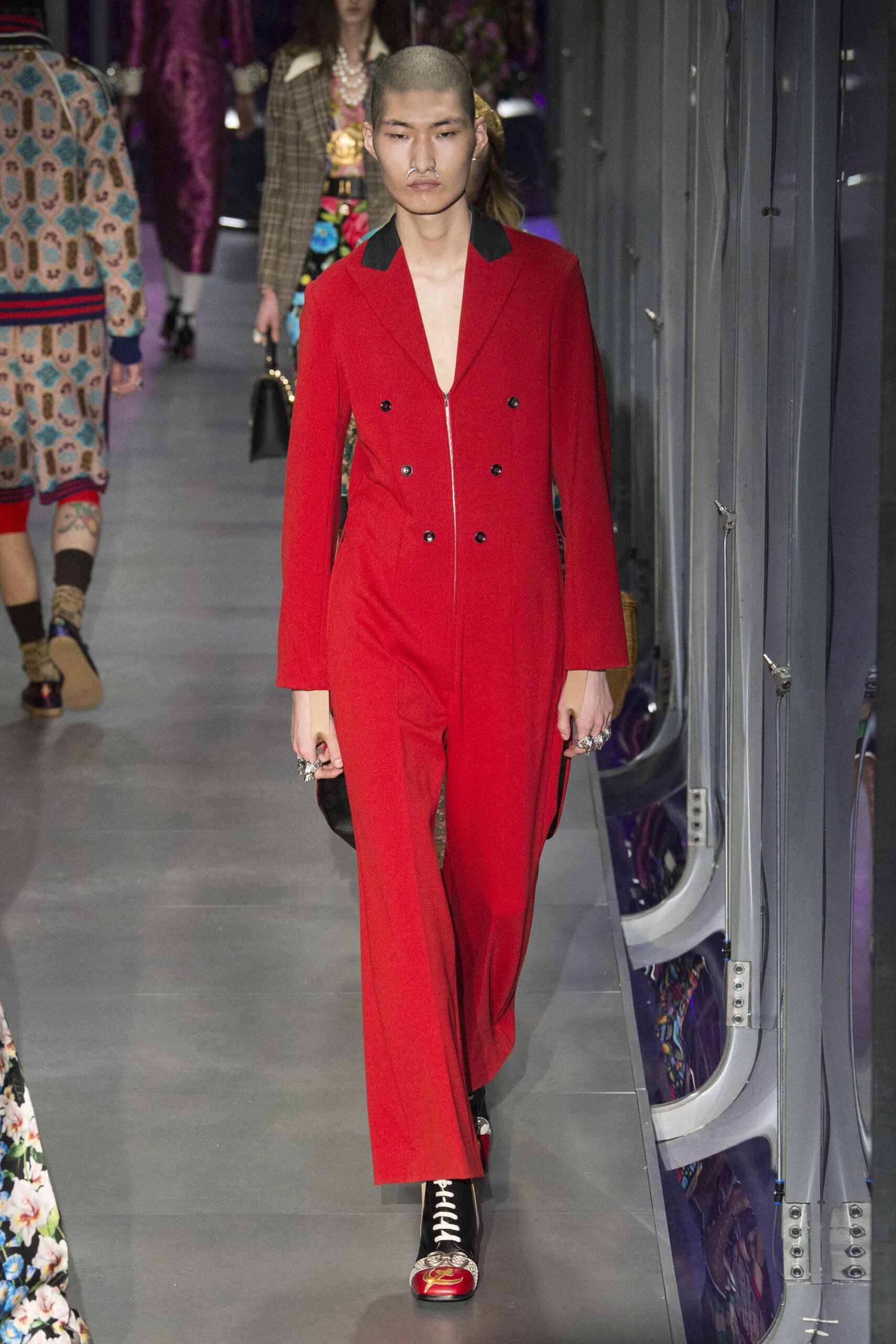 red cotton long-sleeve v-neck fitted buttoned jumpsuit