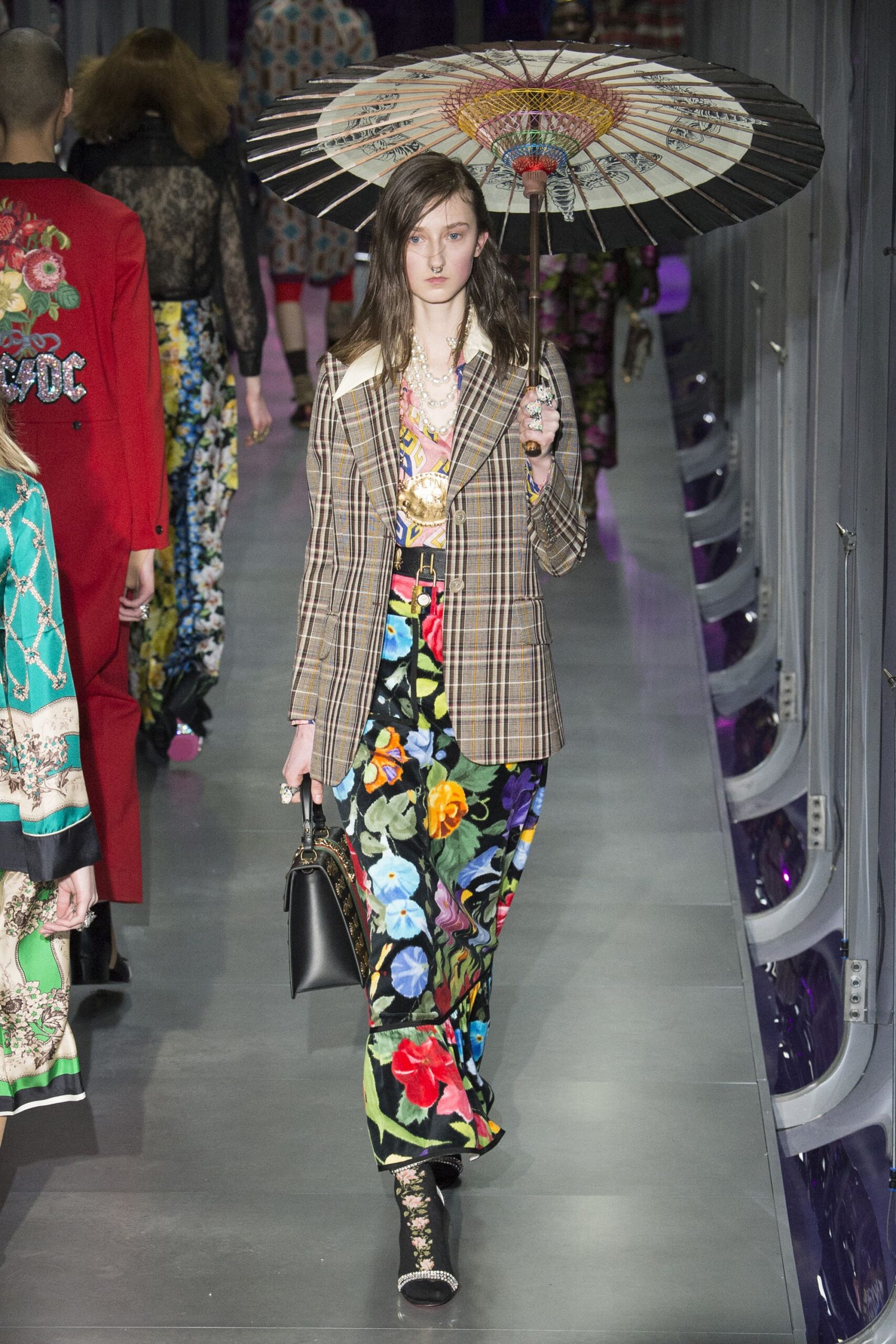 checked blazer floral maxi skirt