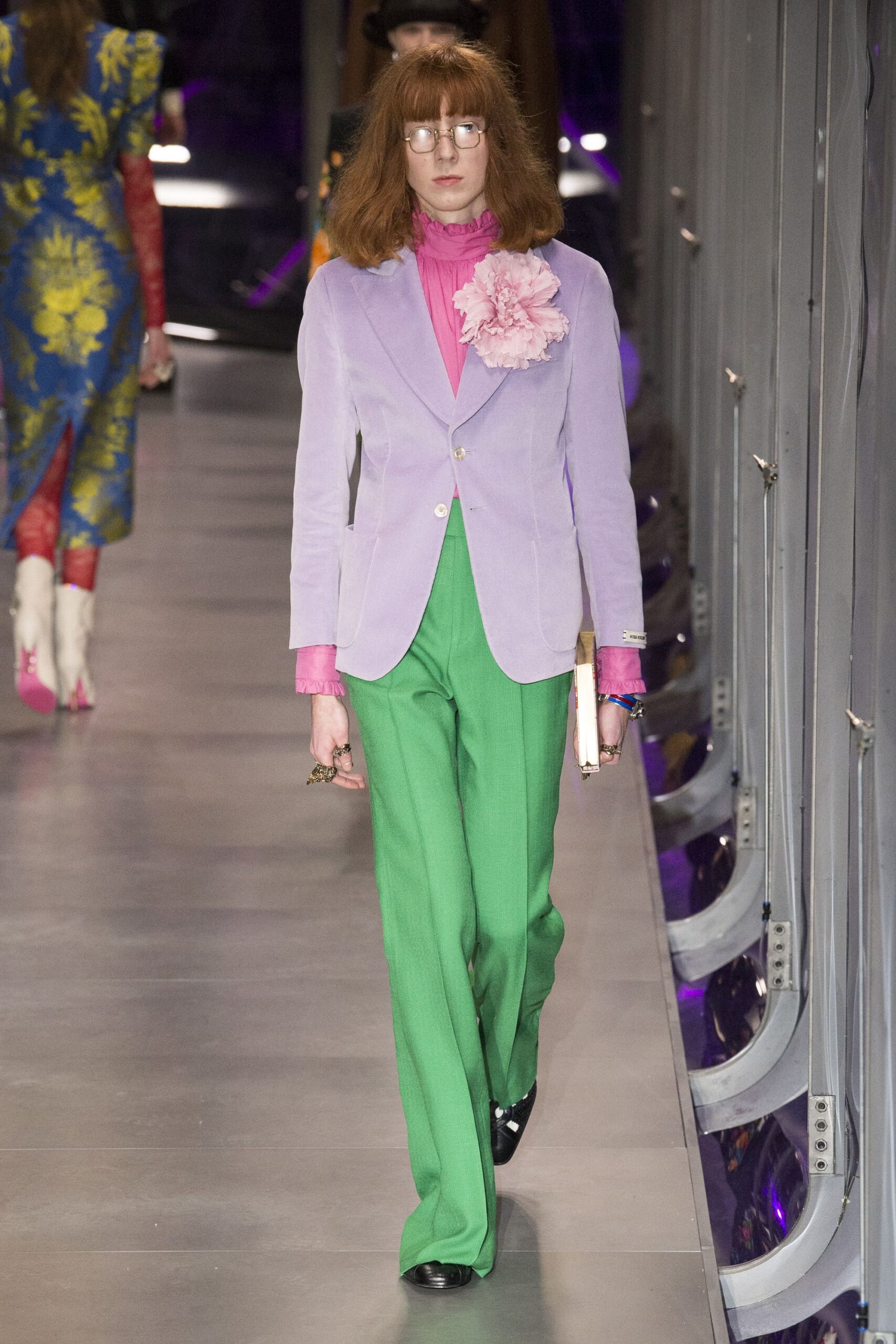 lavender blazer pink shirt green pants