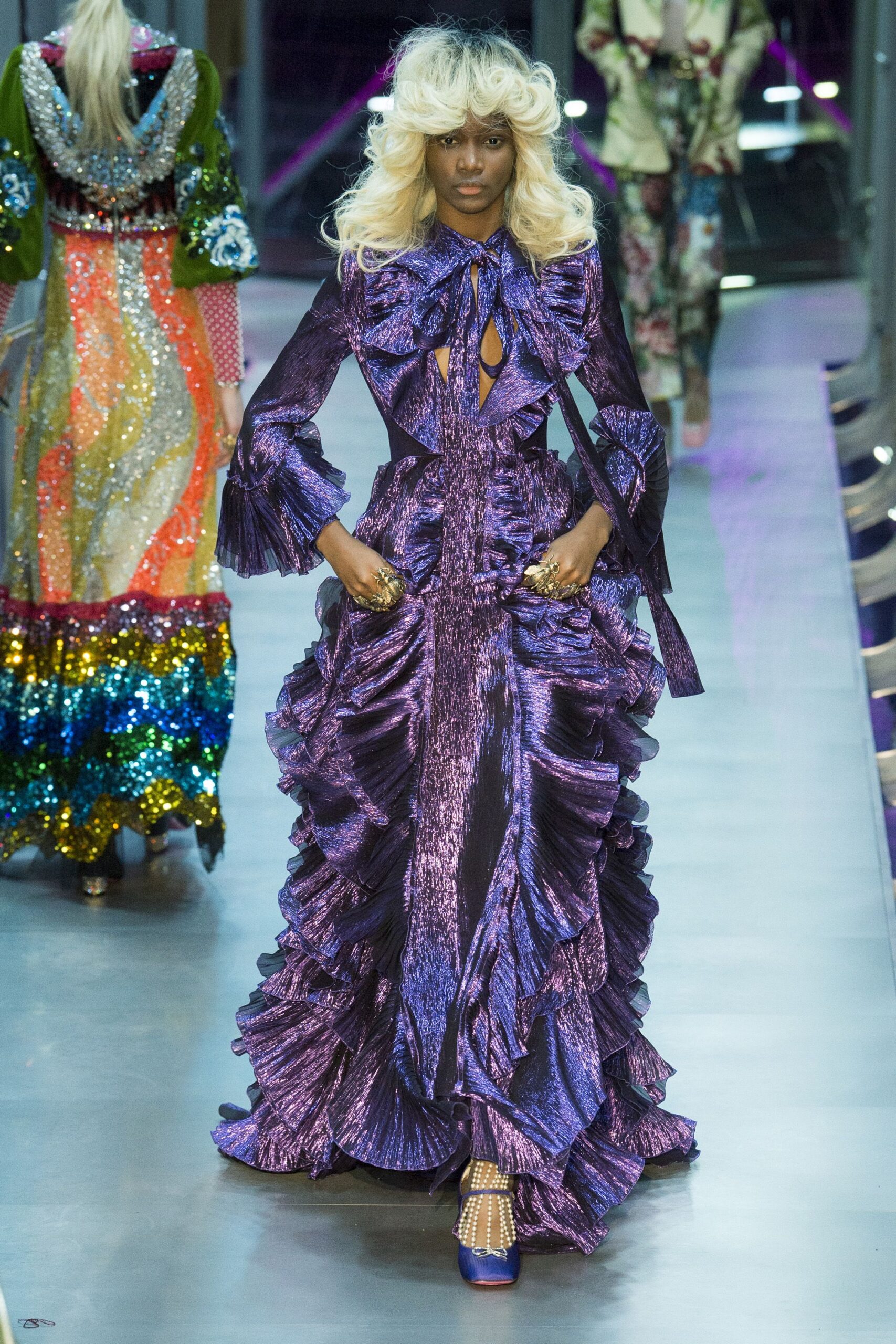 purple silk long-sleeve v-neck fitted ruffled draped gown