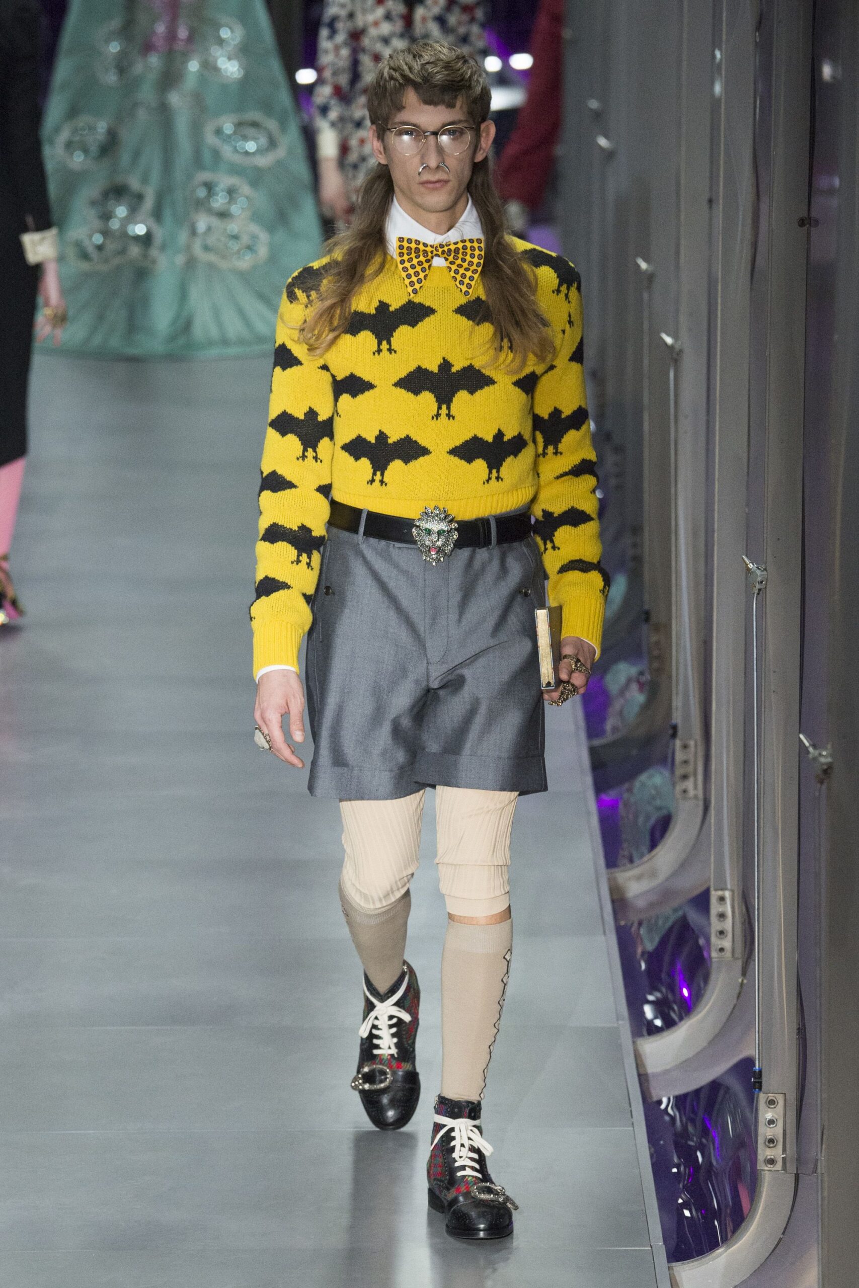 yellow cotton long-sleeve collared fitted printed sweater