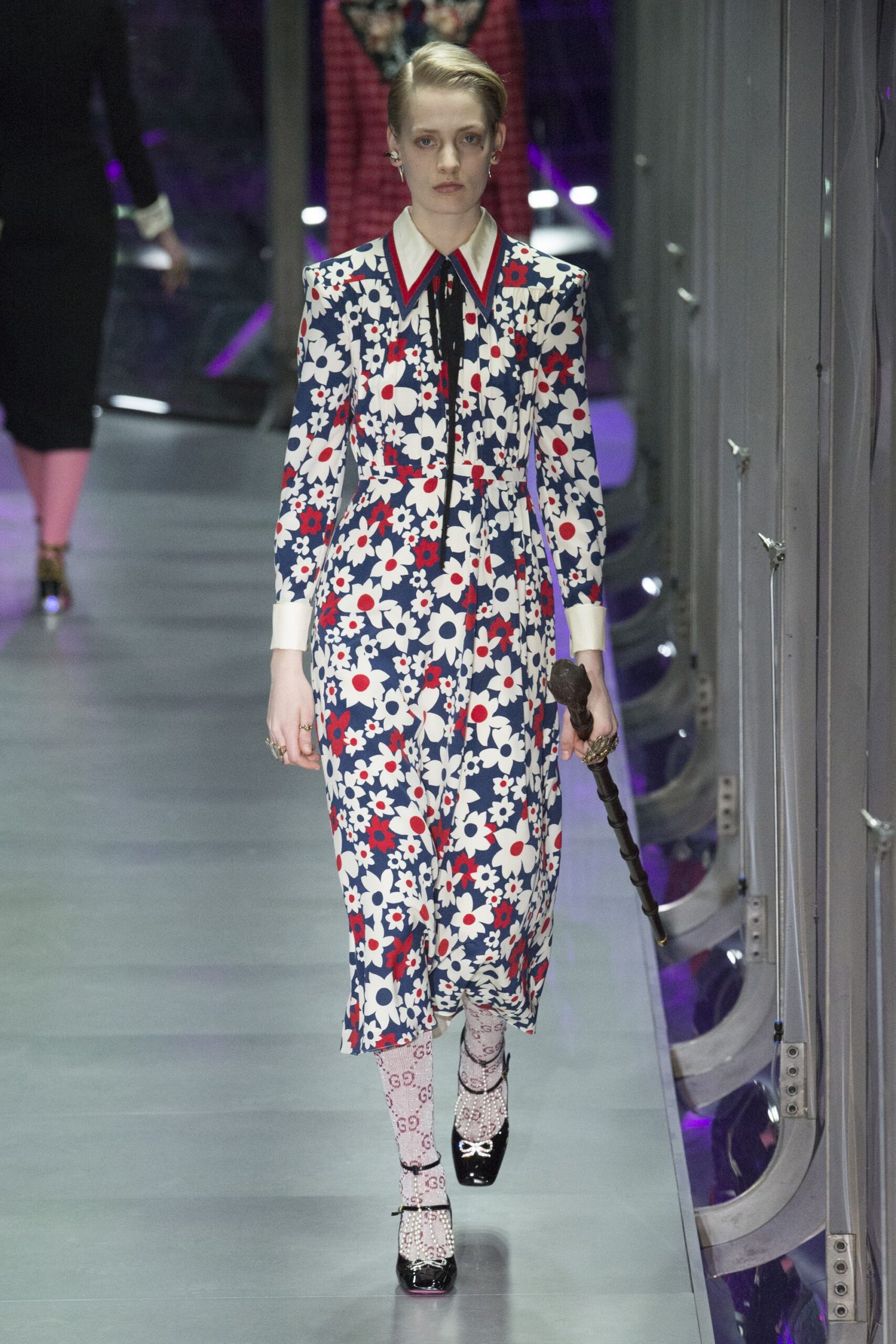 white cotton long-sleeve collared fitted floral buttoned dress