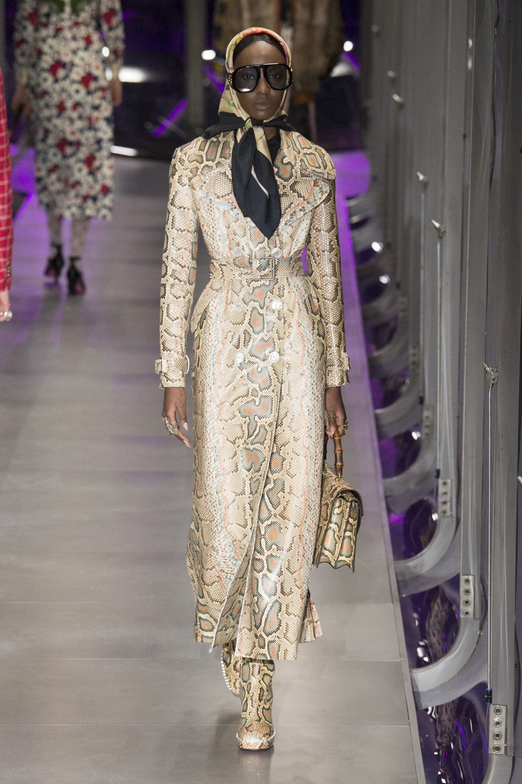 beige leather long-sleeve collared fitted printed belted coat