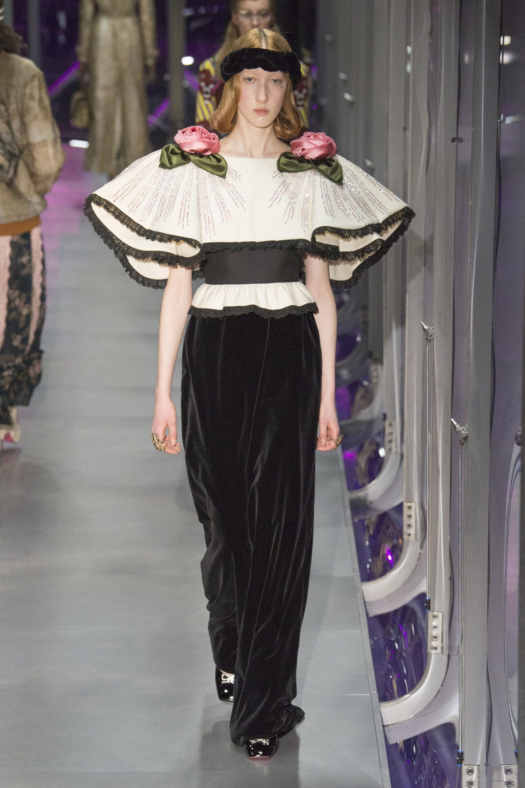 black velvet short-sleeve high-neck fitted pleated embellished gown