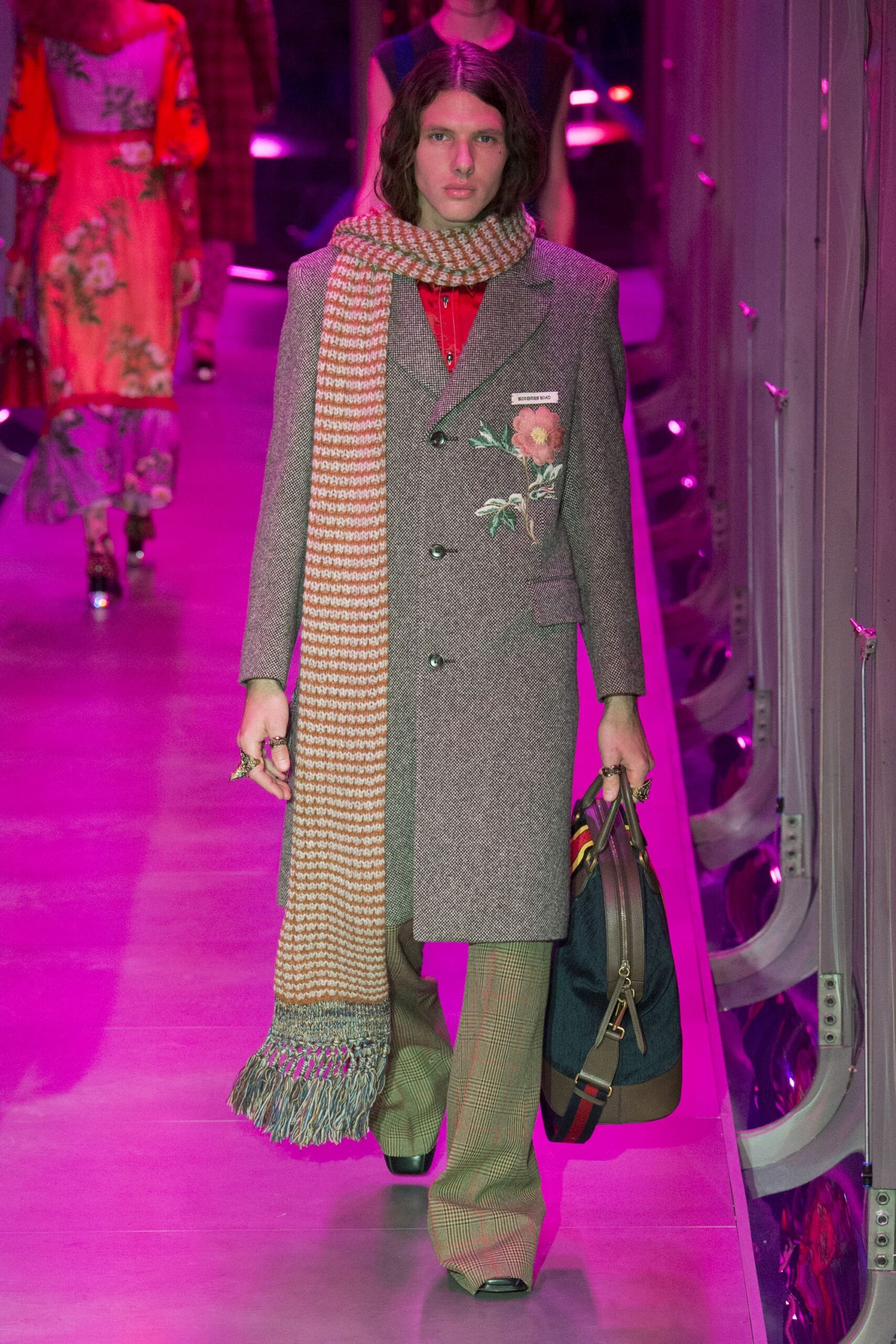 gray wool long-sleeve collared structured embroidered coat