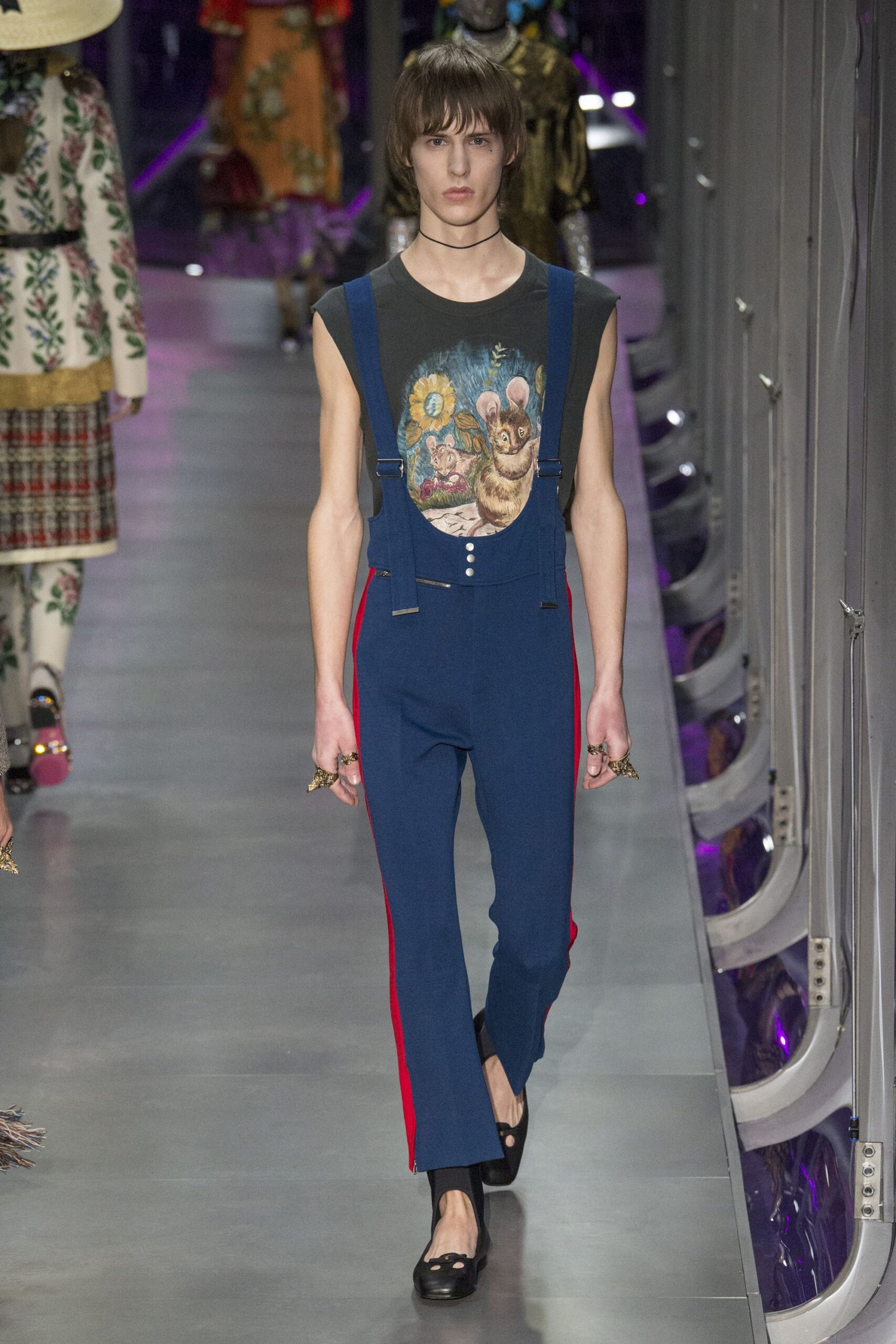 blue denim long-sleeve slim zippered overalls