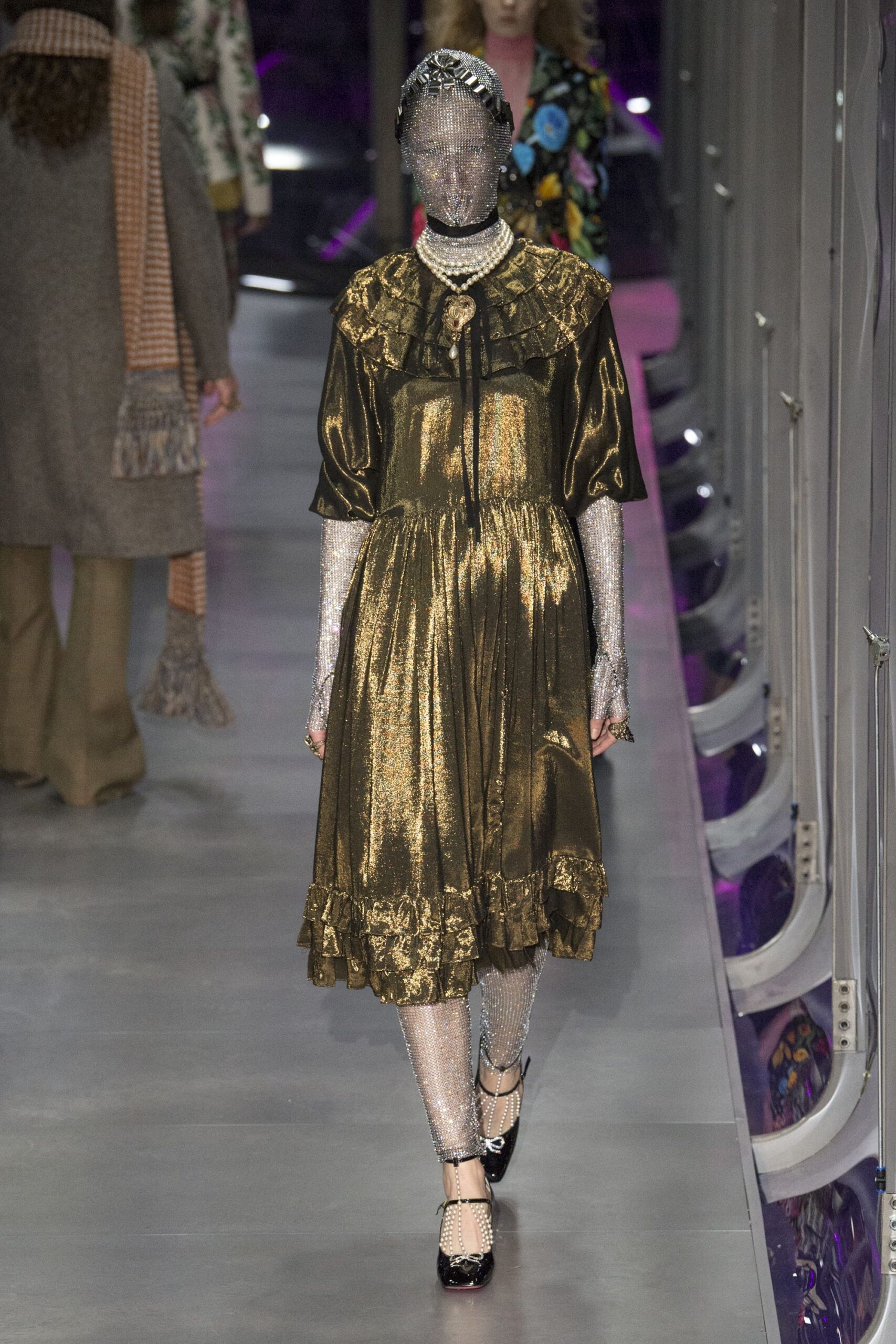 gold silk short-sleeve v-neck fitted ruffled pleated dress
